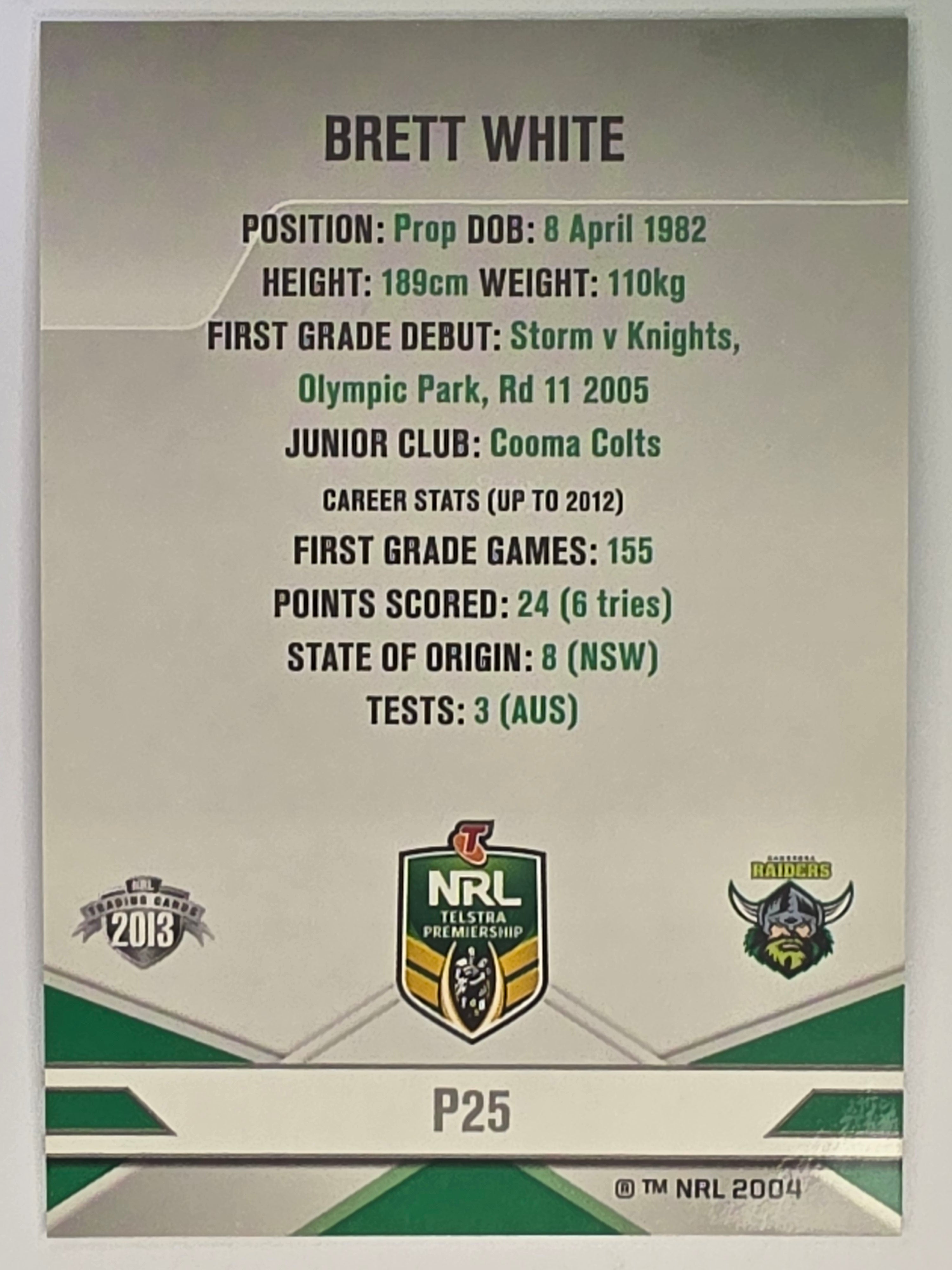 NRL 2013 Elite | Silver Parallel #P25 | Brett White | Canberra Raiders