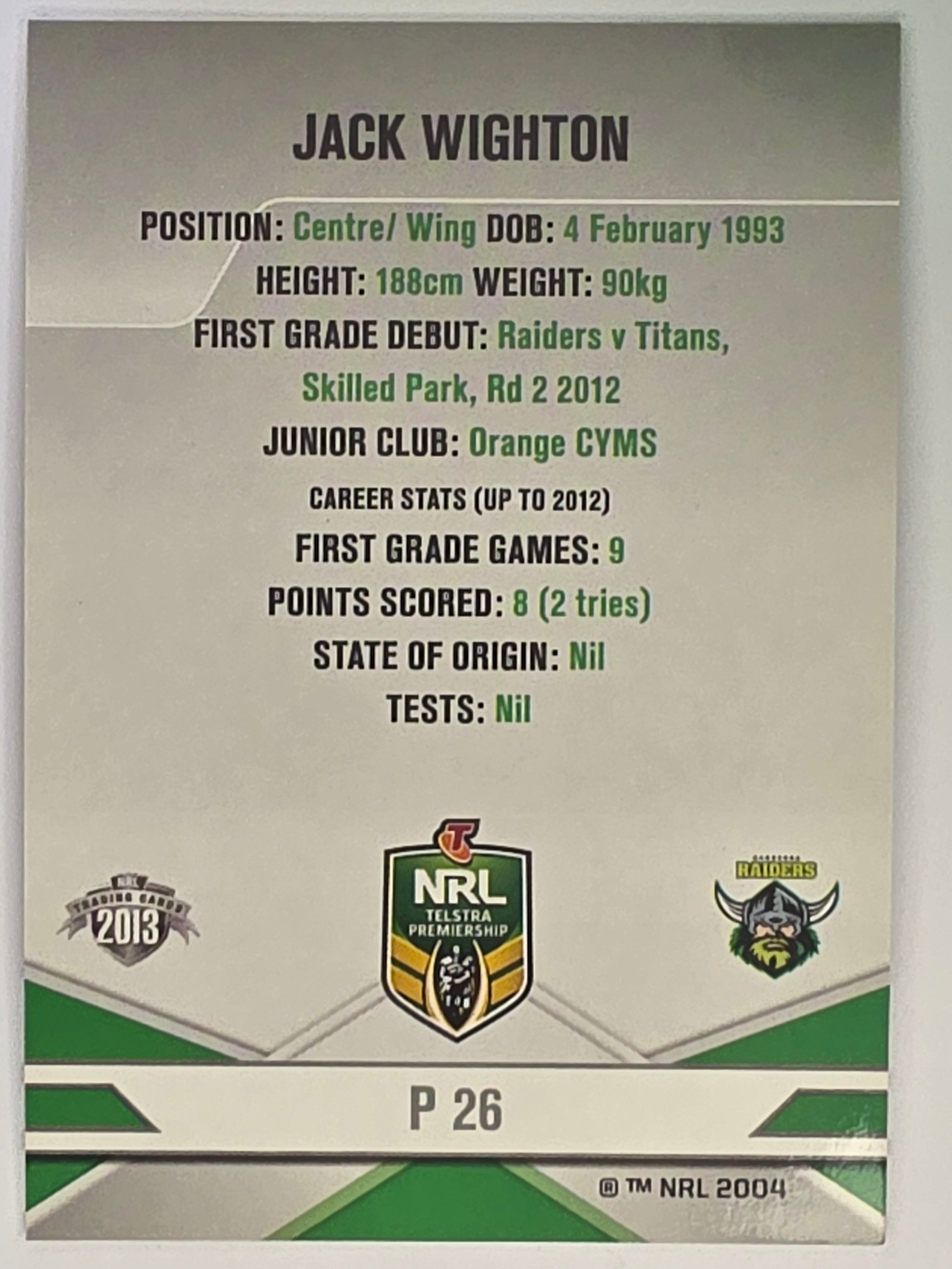 NRL 2013 Elite | Silver Parallel #P26 | Jack Wighton | Canberra Raiders