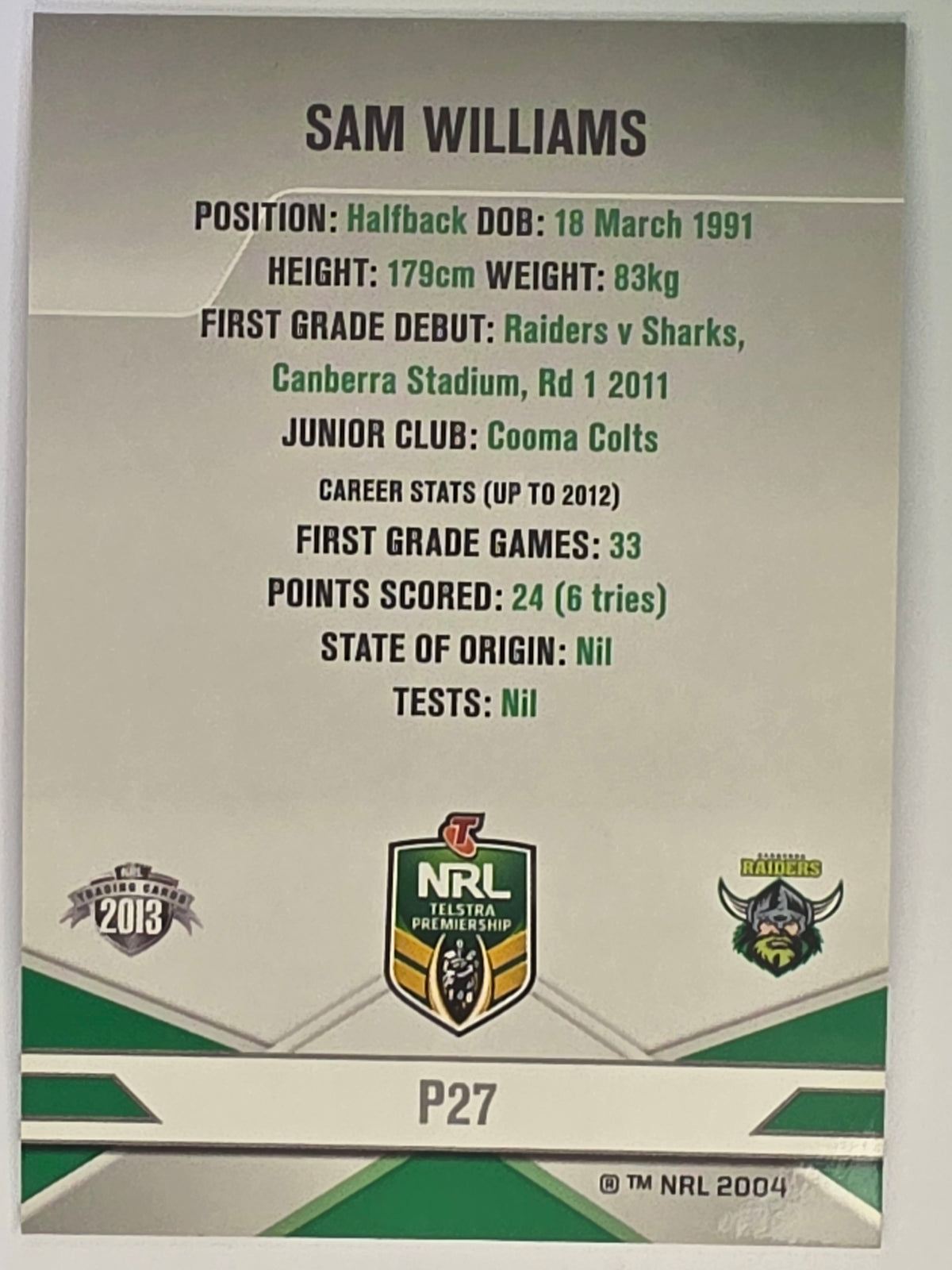 NRL 2013 Elite | Silver Parallel #P27 | Sam Williams | Canberra Raiders