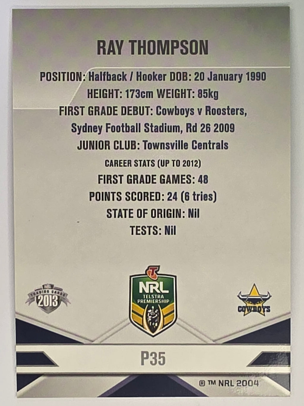NRL 2013 Elite | Silver Parallel #P35 | Ray Thompson | North Queensland Cowboys