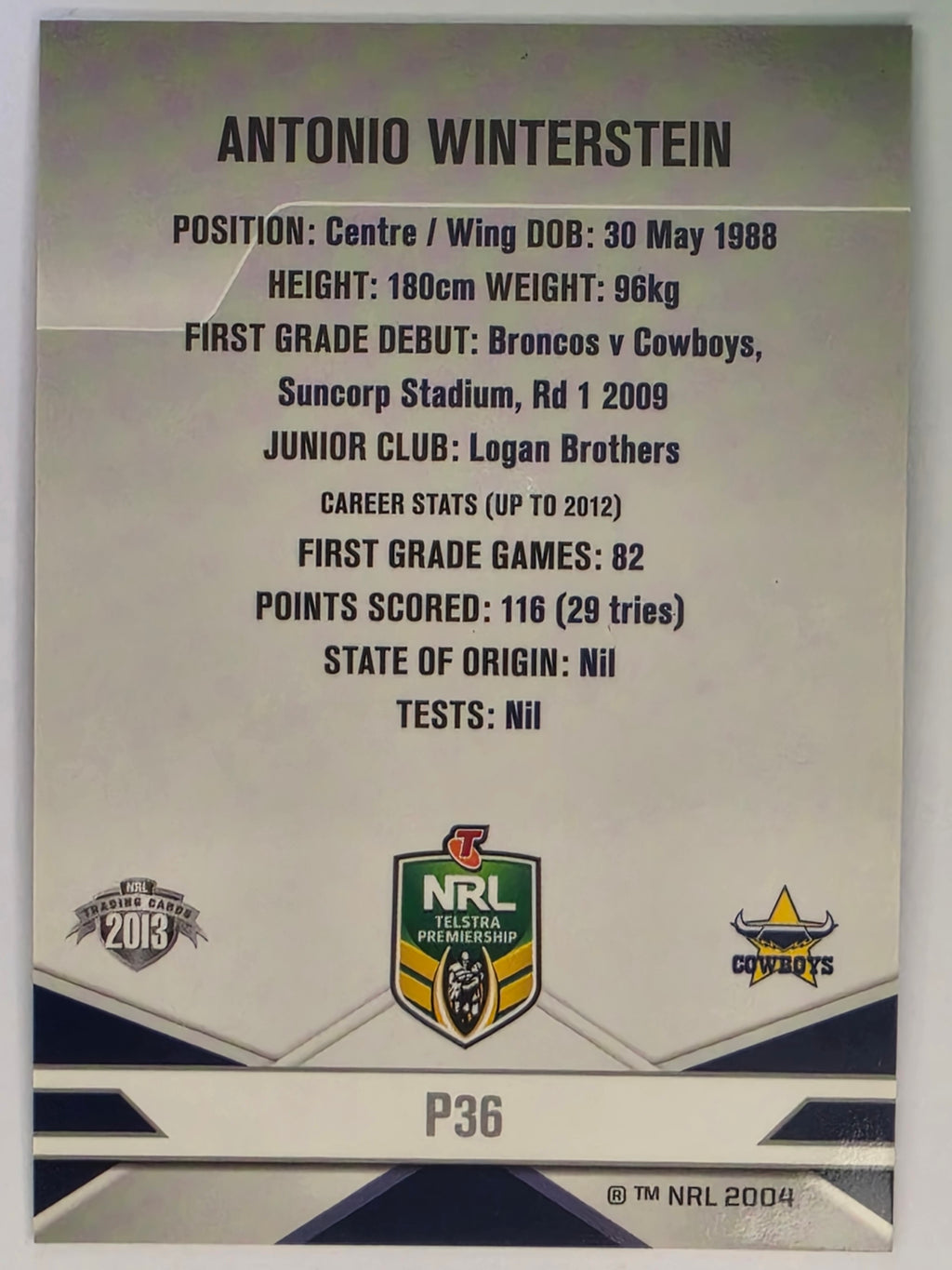 NRL 2013 Elite | Silver Parallel #P36 | Antonio Winterstein | North Queensland Cowboys