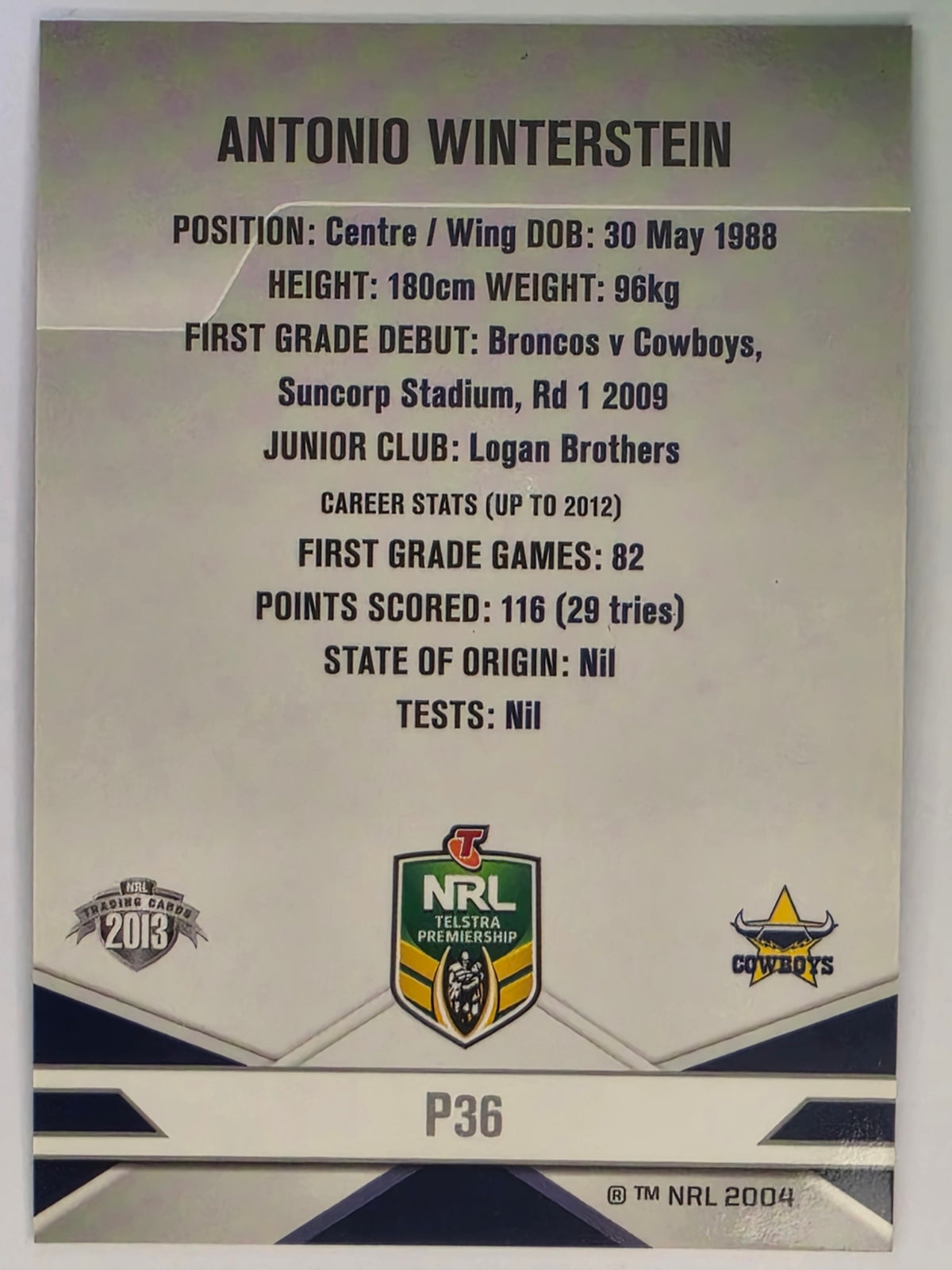 NRL 2013 Elite | Silver Parallel #P36 | Antonio Winterstein | North Queensland Cowboys