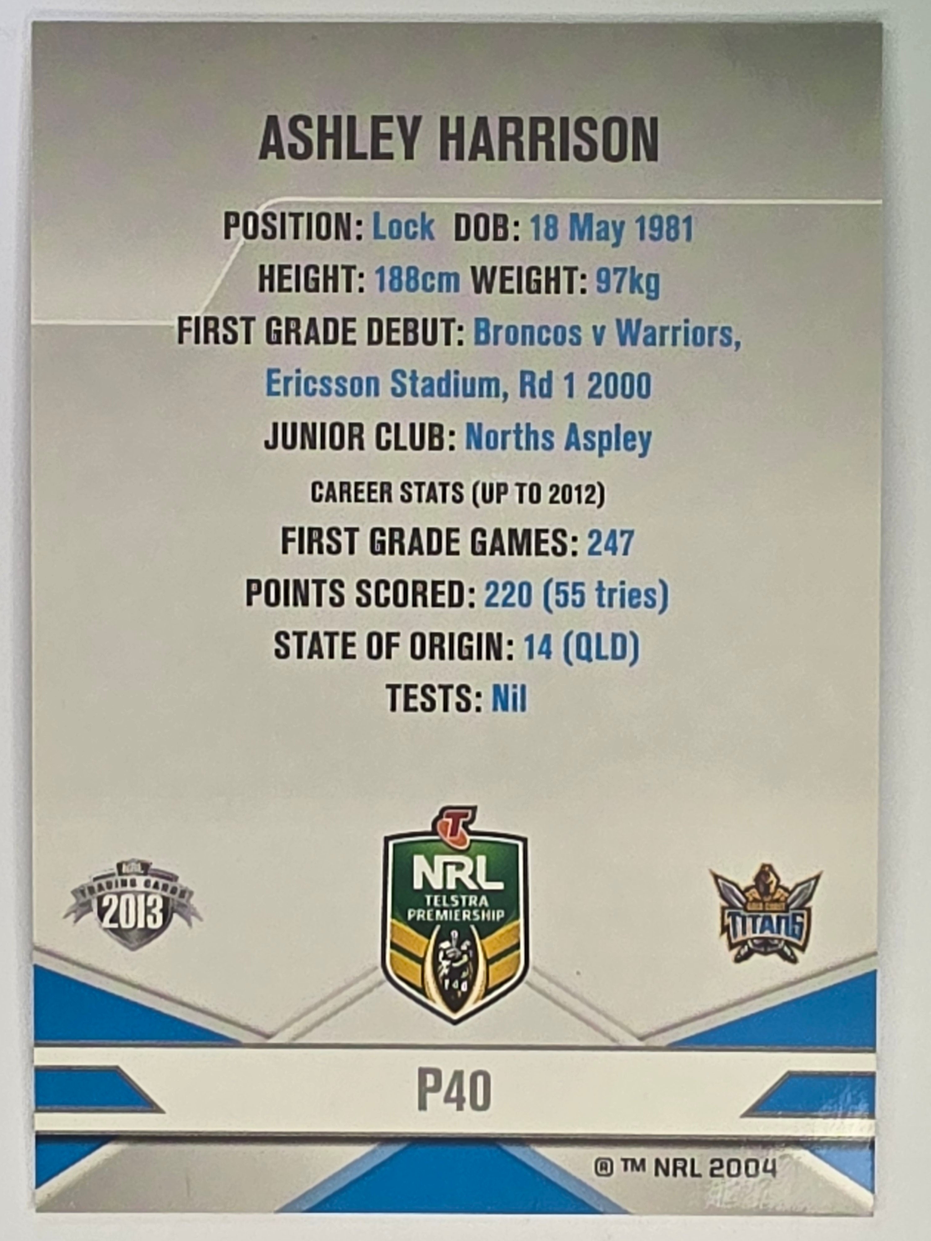 NRL 2013 Elite | Silver Parallel #P40 | Ashley Harrison | Gold Coast Titans