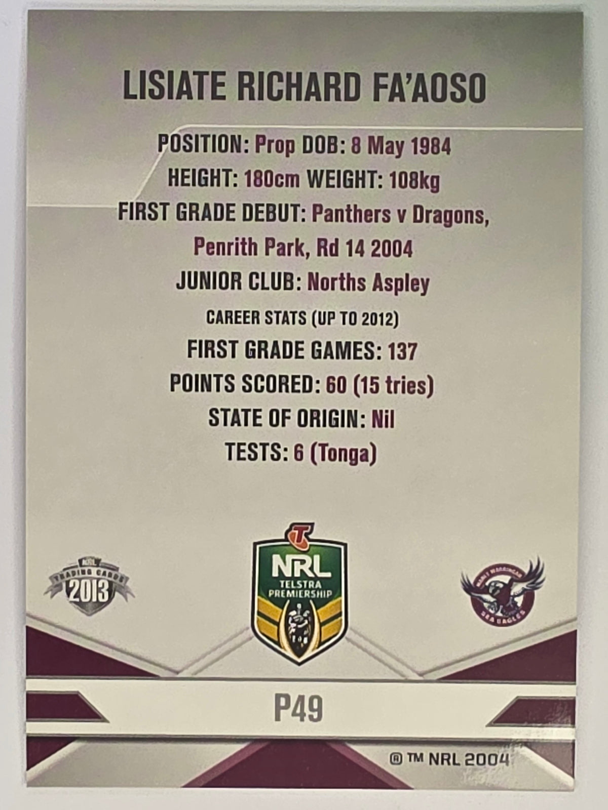 NRL 2013 Elite | Silver Parallel #P49 | Lisiate Fa’aoso | Manly Warringah Sea Eagles
