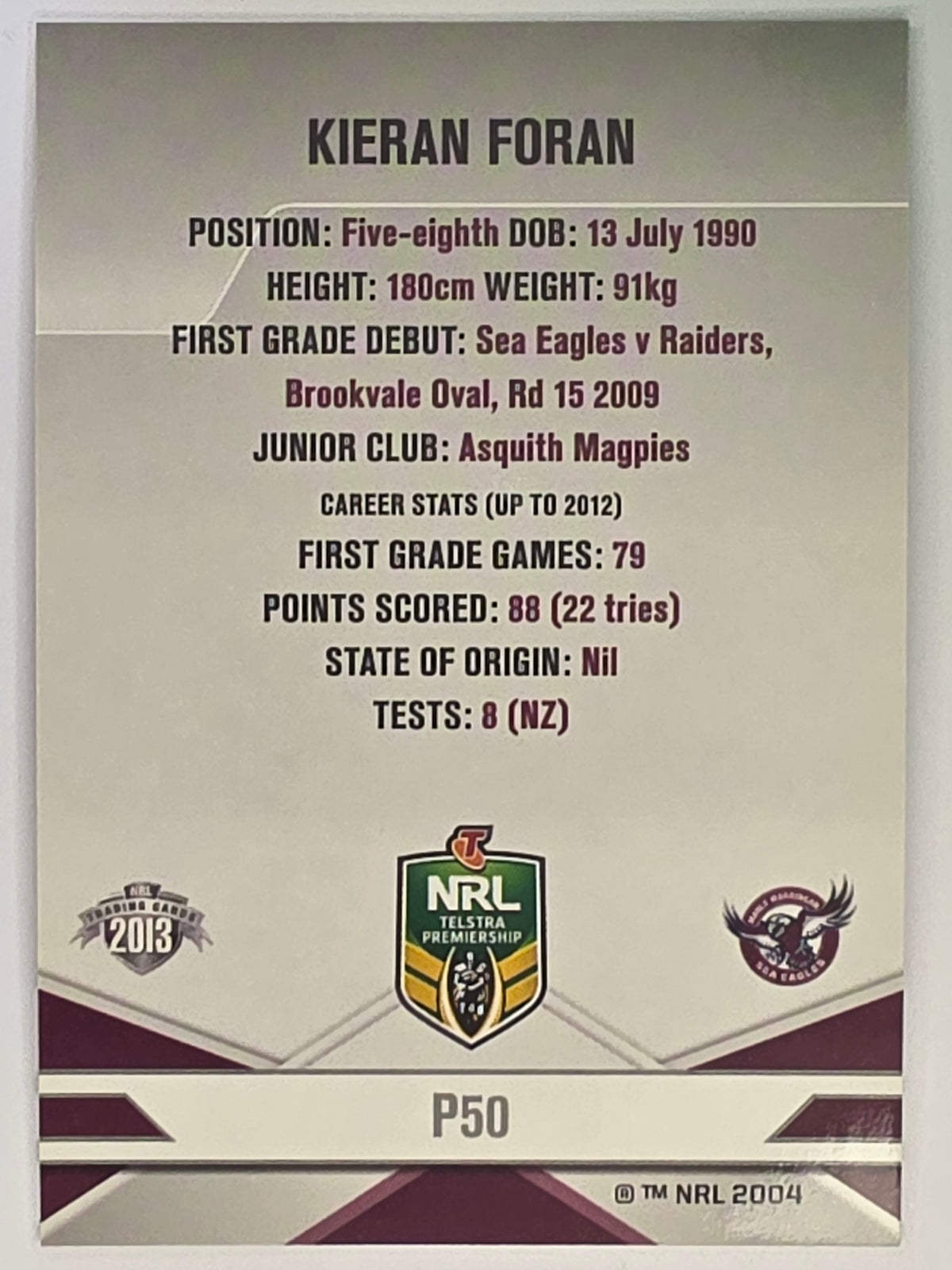 NRL 2013 Elite | Silver Parallel #P50 | Kieran Foran | Manly Warringah Sea Eagles