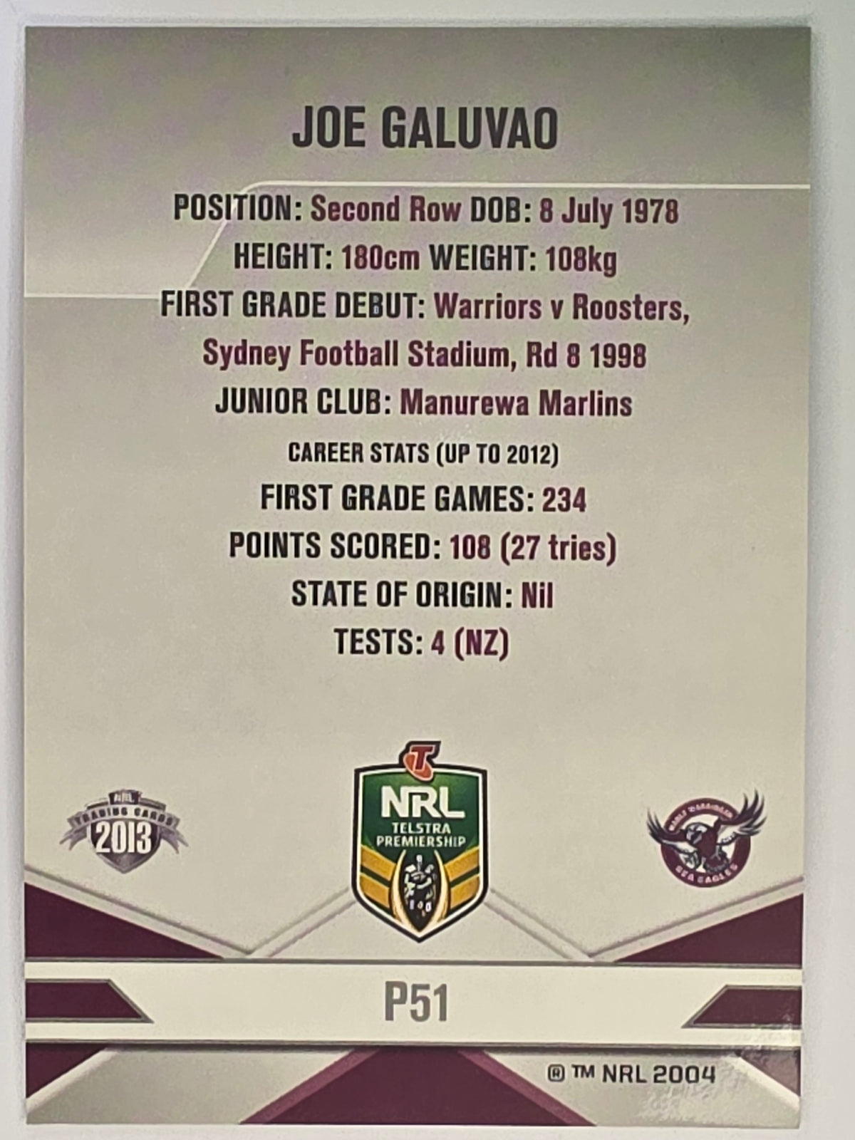 NRL 2013 Elite | Silver Parallel #P51 | Joe Galuvao | Manly Warringah Sea Eagles