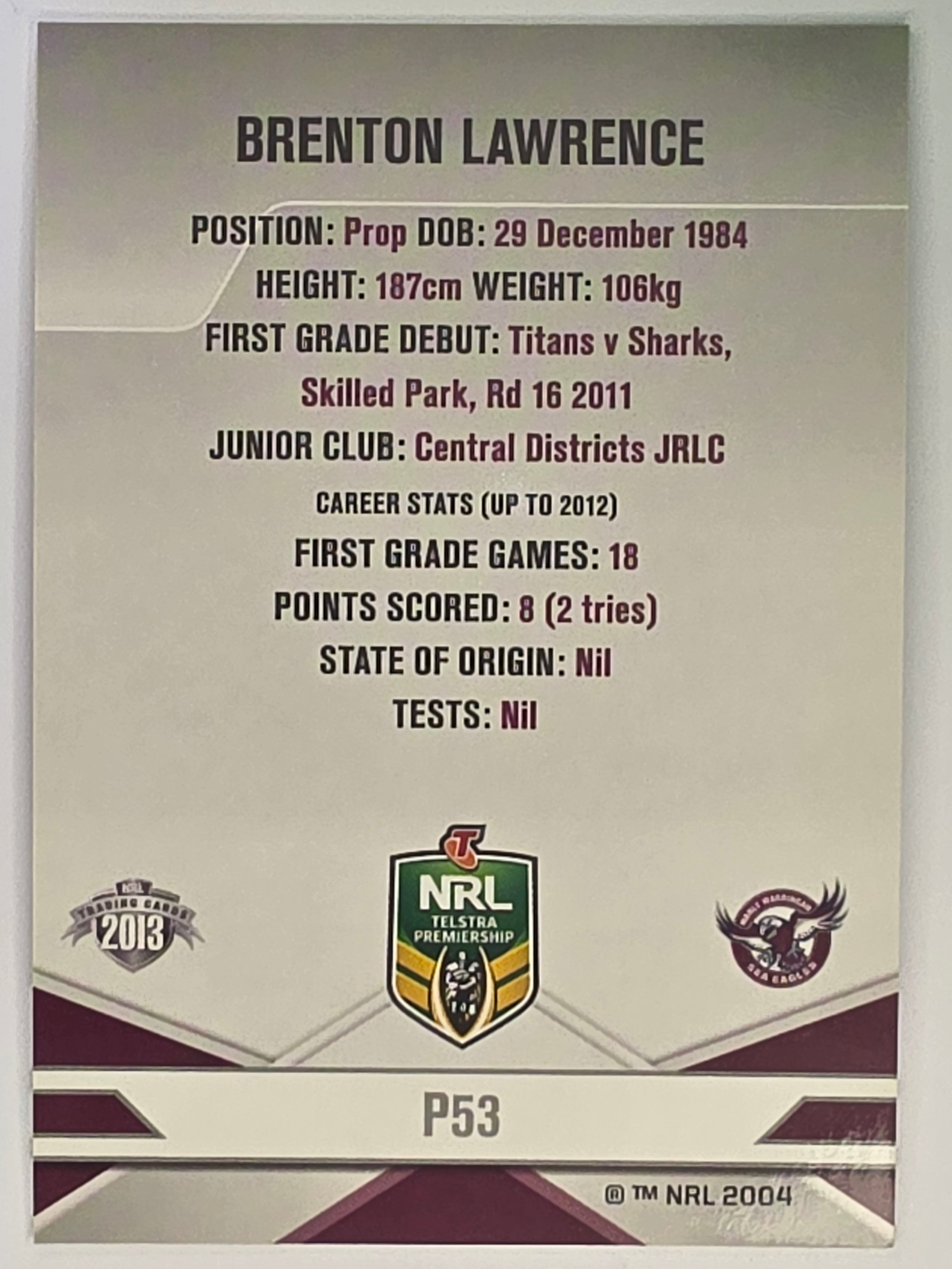 NRL 2013 Elite | Silver Parallel #P53 | Brenton Lawrence | Manly Warringah Sea Eagles
