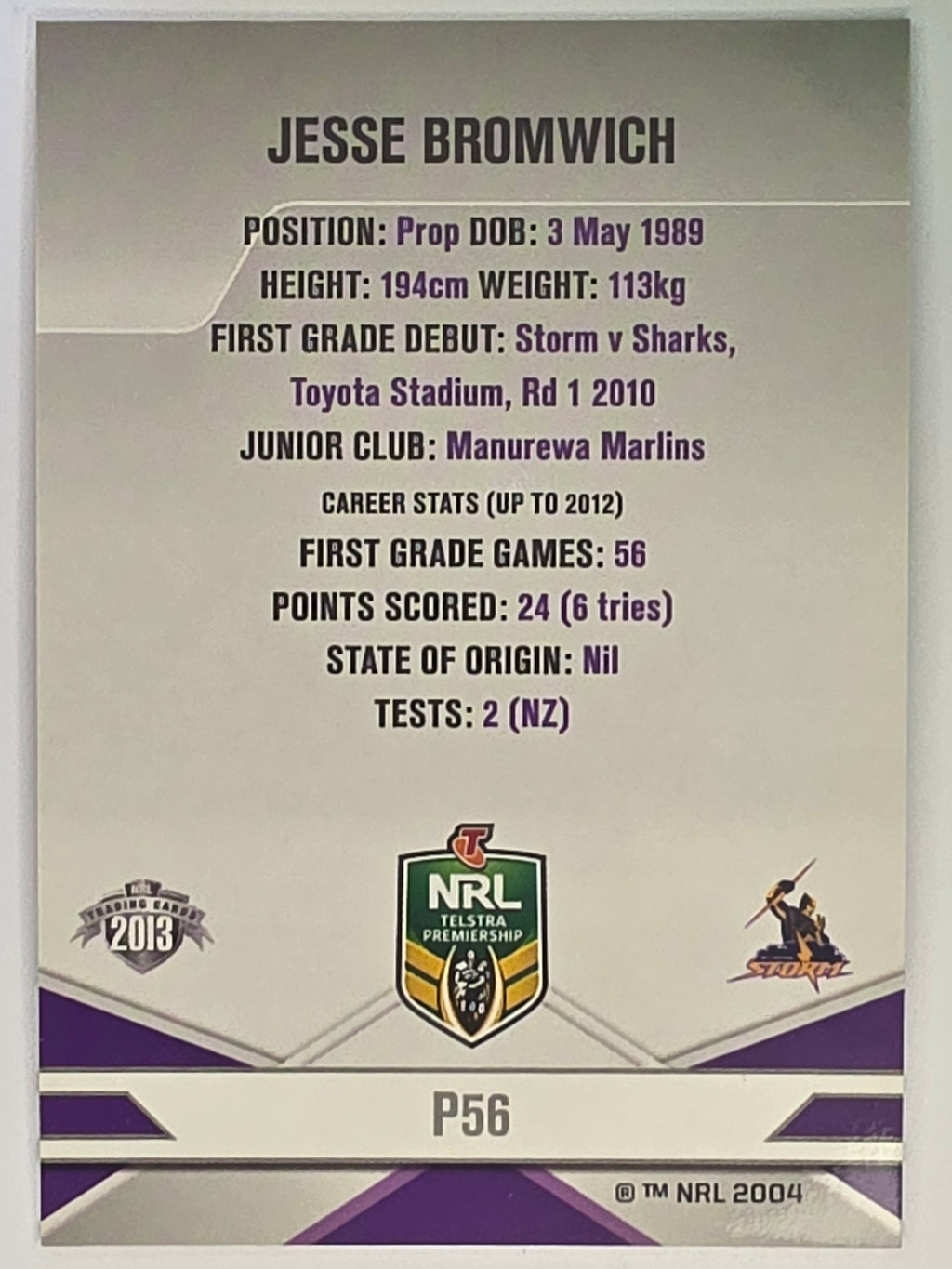 NRL 2013 Elite | Silver Parallel #P56 | Jesse Bromwich | Melbourne Storm