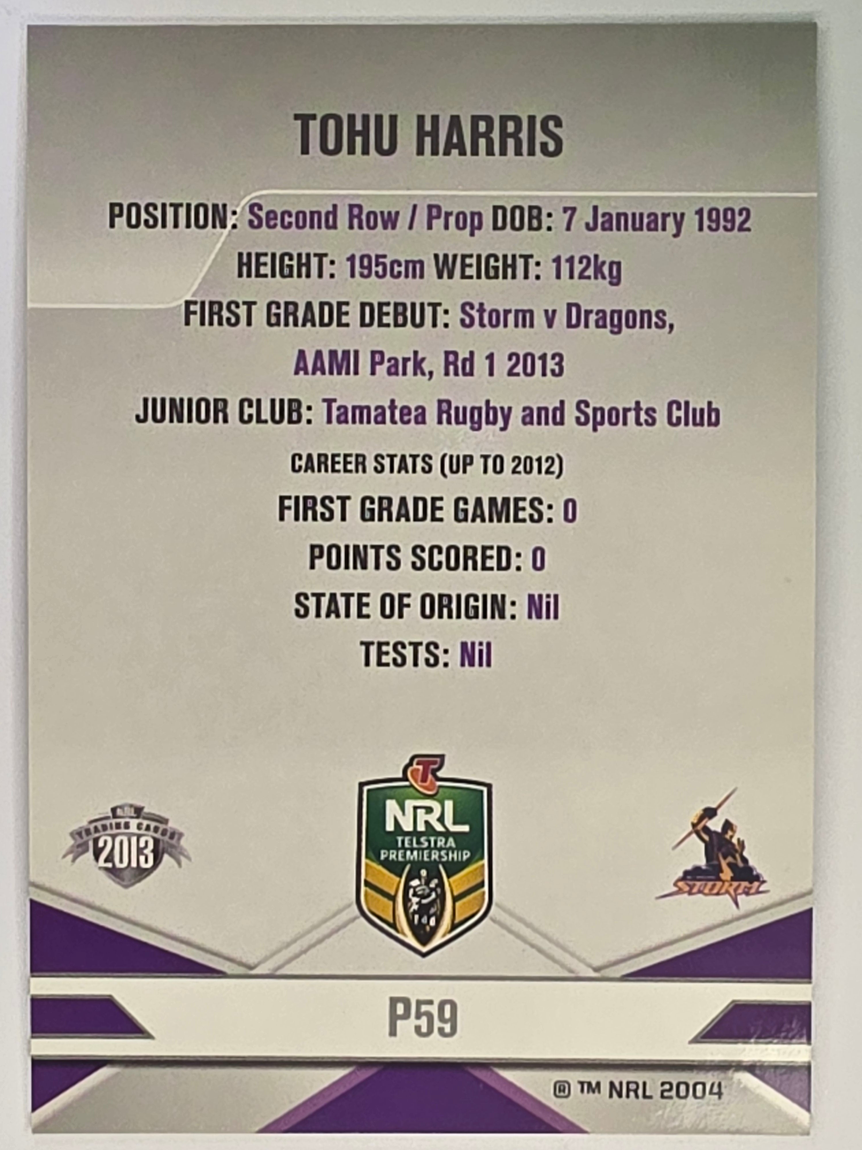 NRL 2013 Elite | Silver Parallel #P59 | Tohu Harris | Melbourne Storm