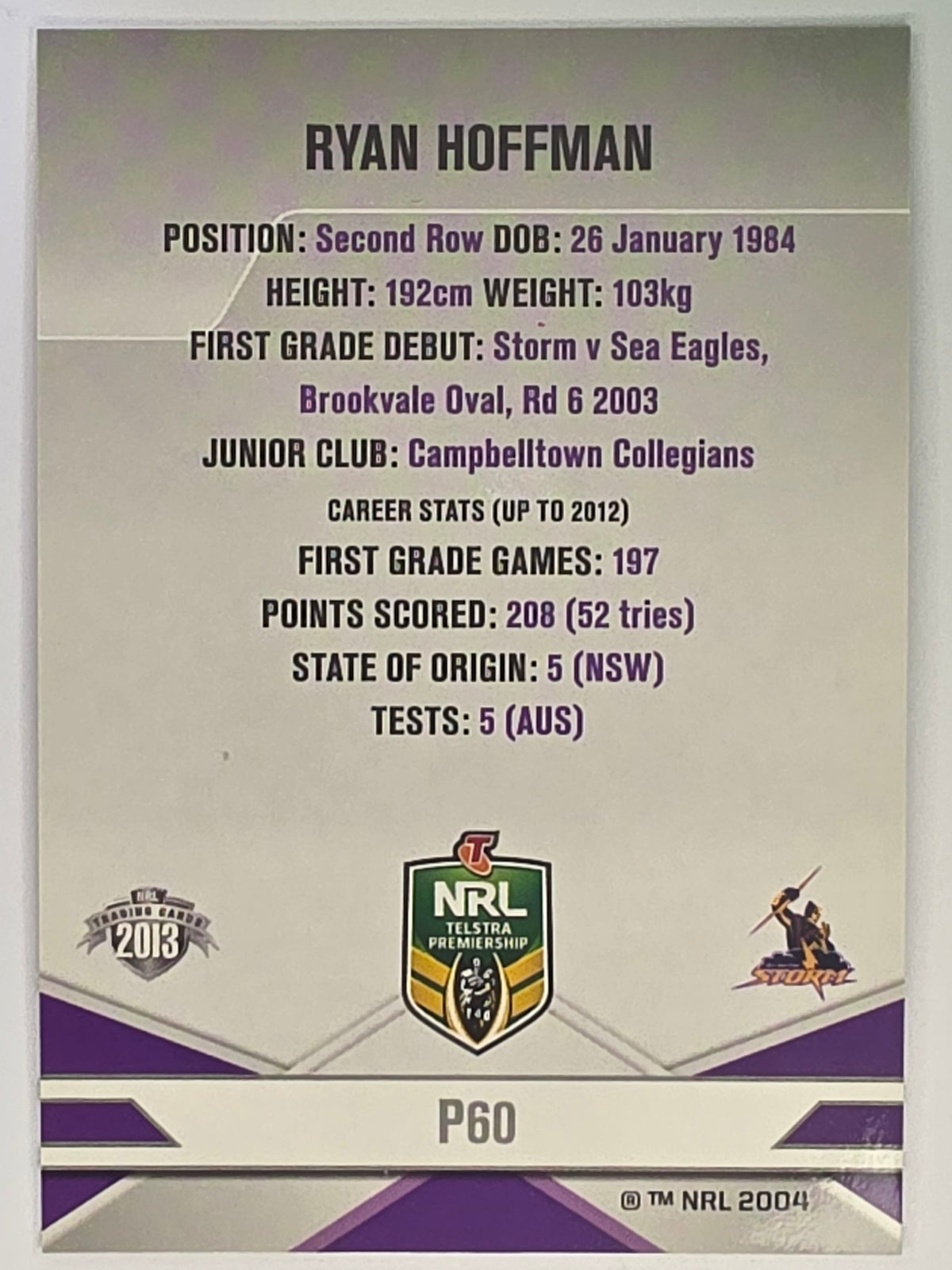 NRL 2013 Elite | Silver Parallel #P60 | Ryan Hoffman | Melbourne Storm