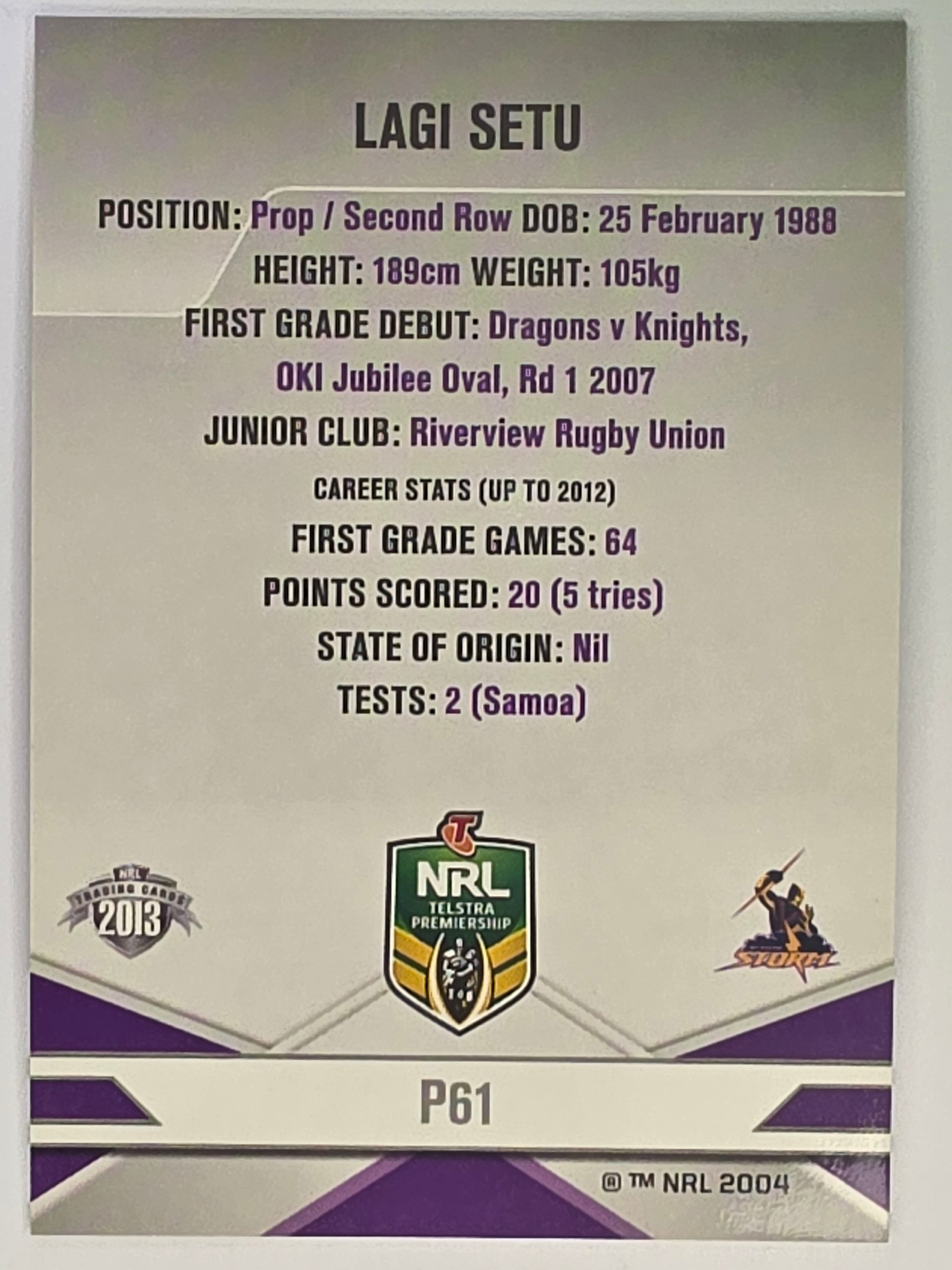 NRL 2013 Elite | Silver Parallel #P61 | Lagi Setu | Melbourne Storm