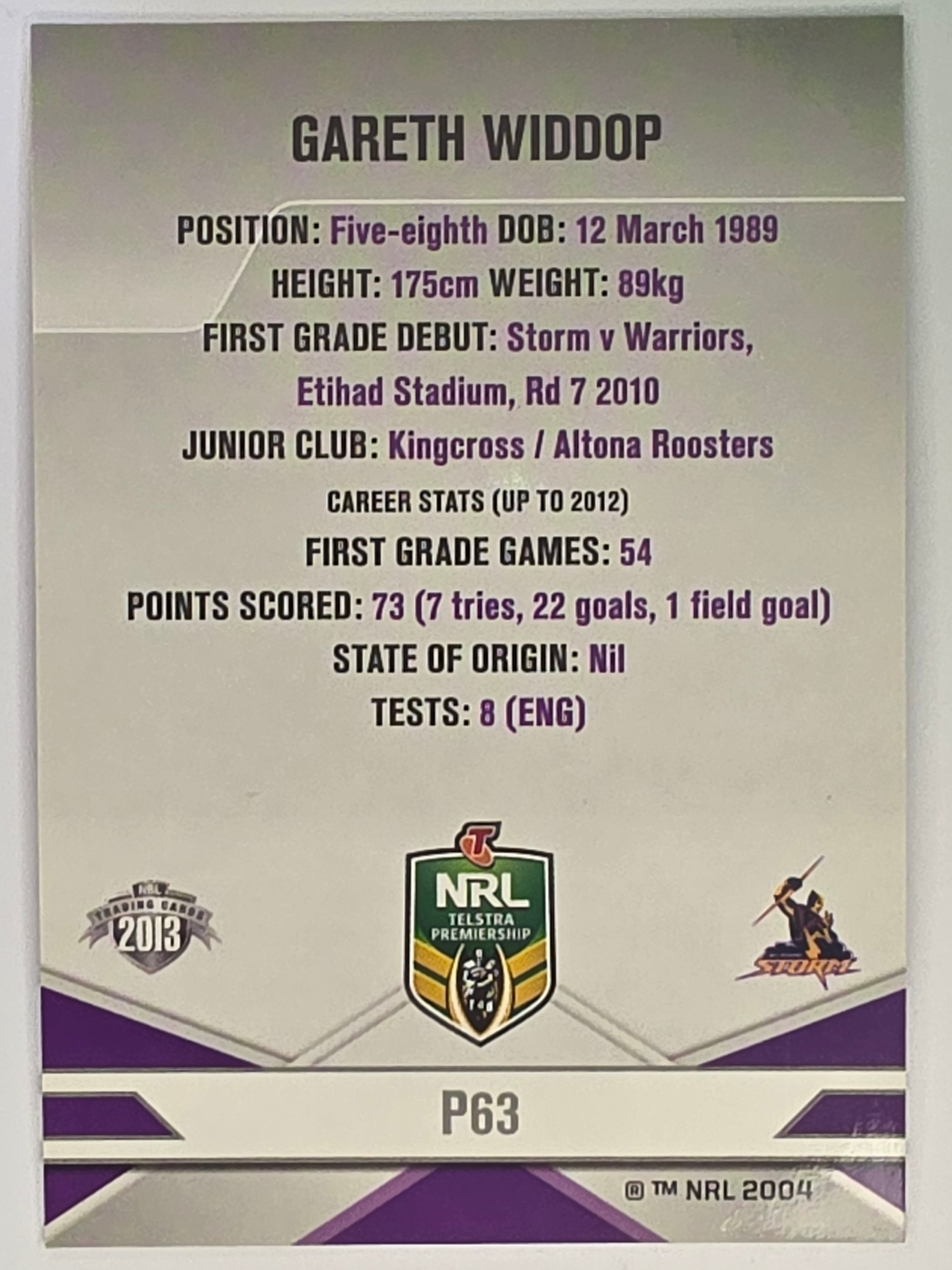 NRL 2013 Elite | Silver Parallel #P63 | Gareth Widdop | Melbourne Storm