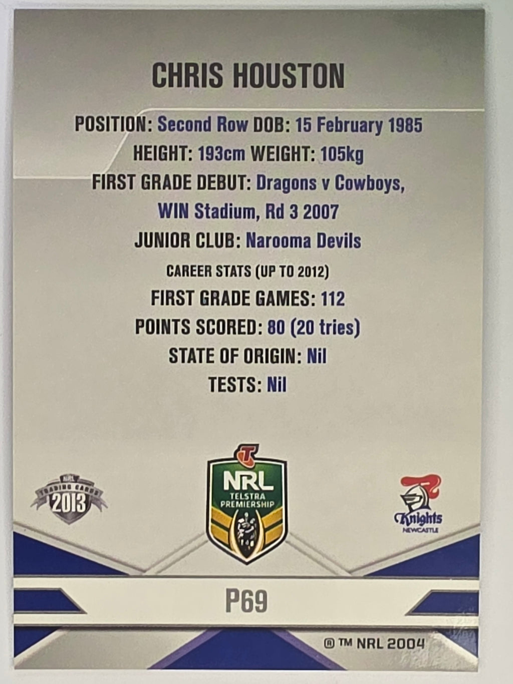 NRL 2013 Elite | Silver Parallel #P69 | Chris Houston | Newcastle Knights