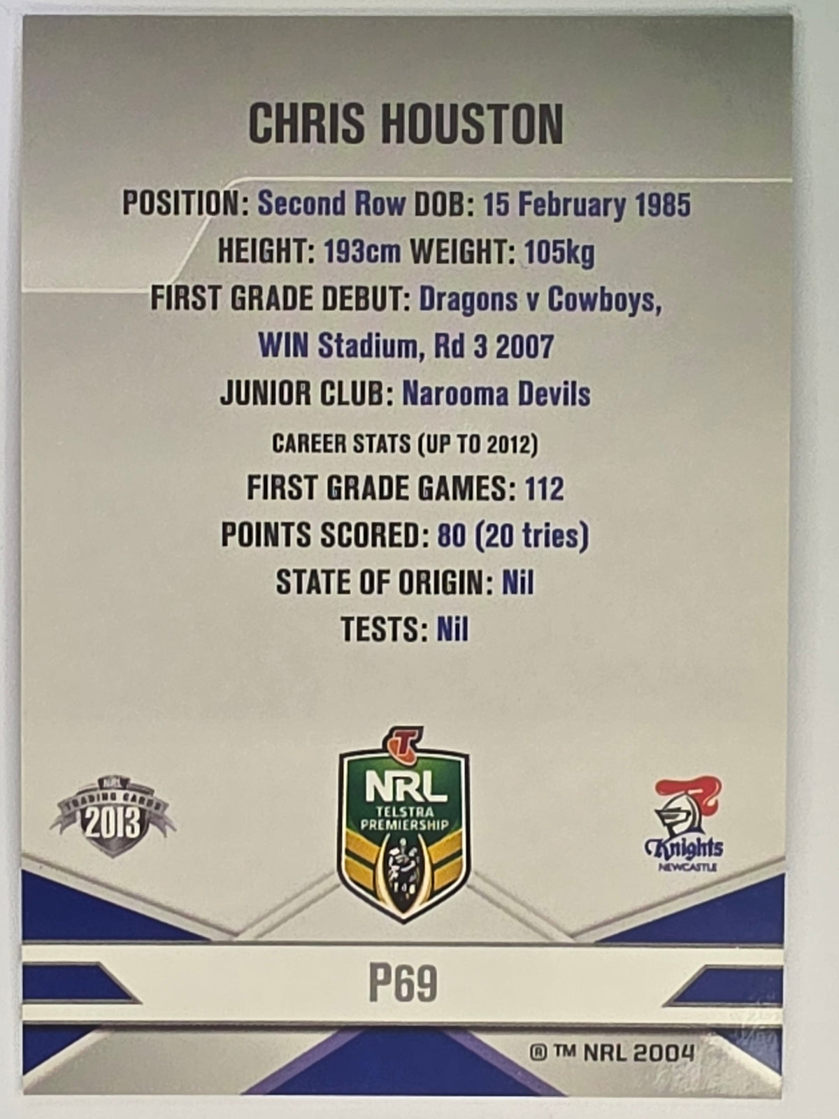 NRL 2013 Elite | Silver Parallel #P69 | Chris Houston | Newcastle Knights