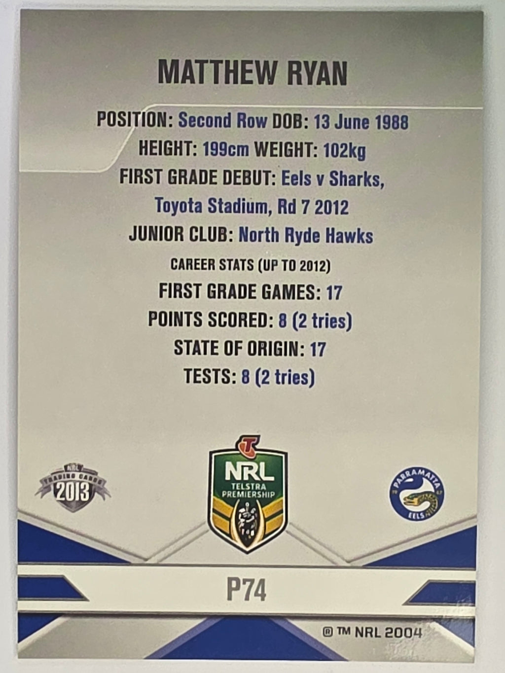 NRL 2013 Elite | Silver Parallel #P74 | Matthew Ryan | Parramatta Eels