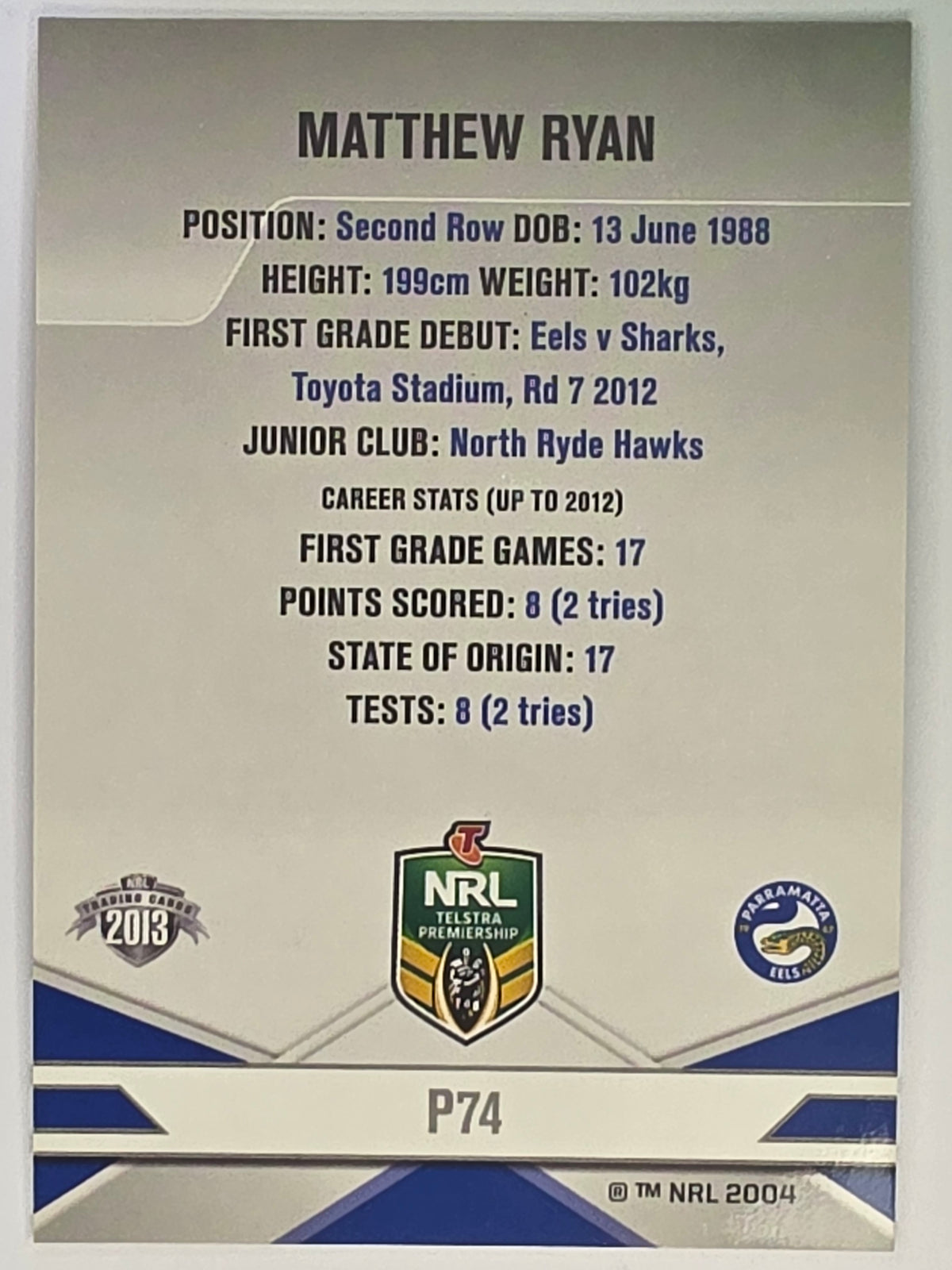 NRL 2013 Elite | Silver Parallel #P74 | Matthew Ryan | Parramatta Eels