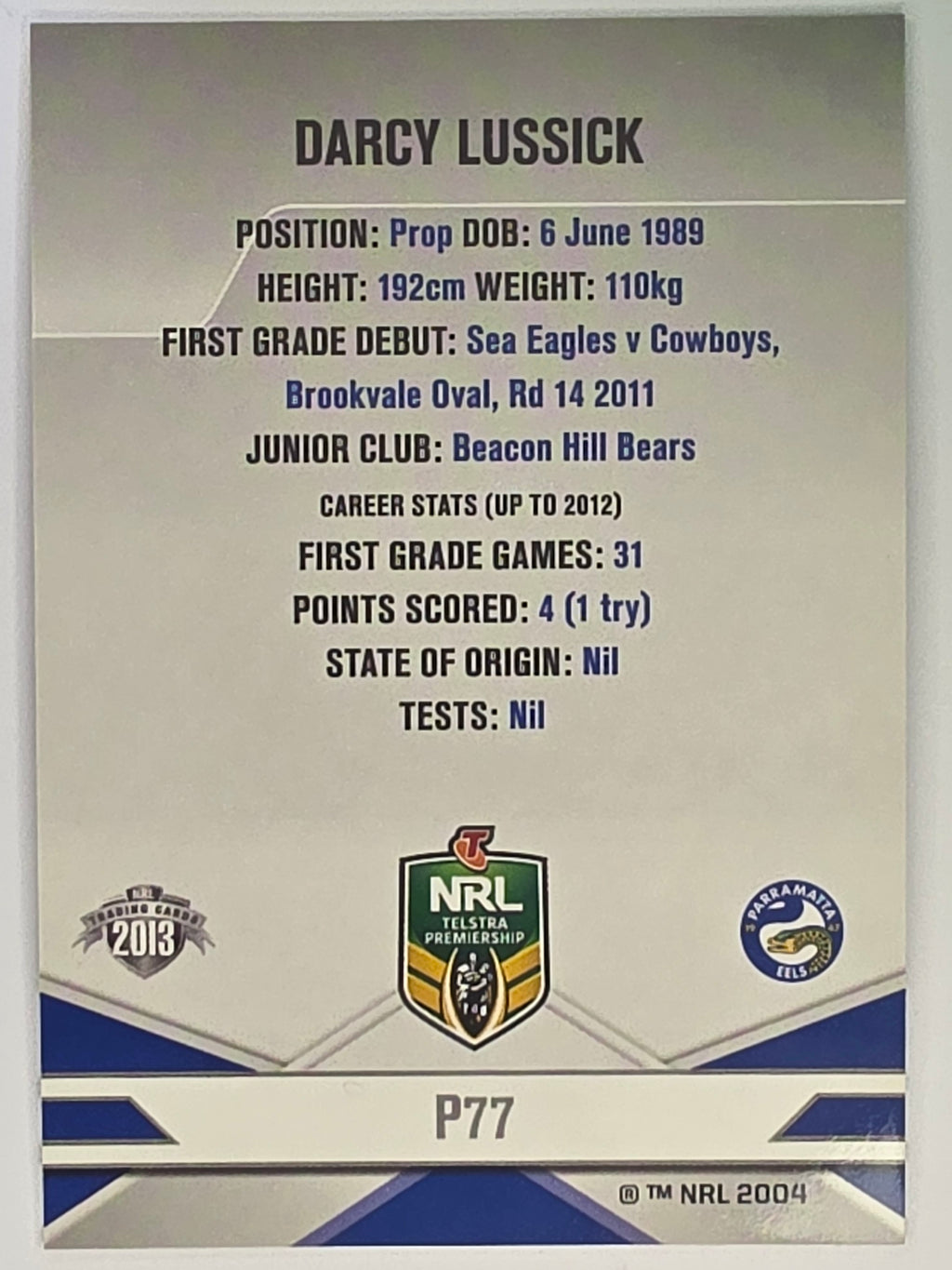 NRL 2013 Elite | Silver Parallel #P77 | Darcy Lussick | Parramatta Eels