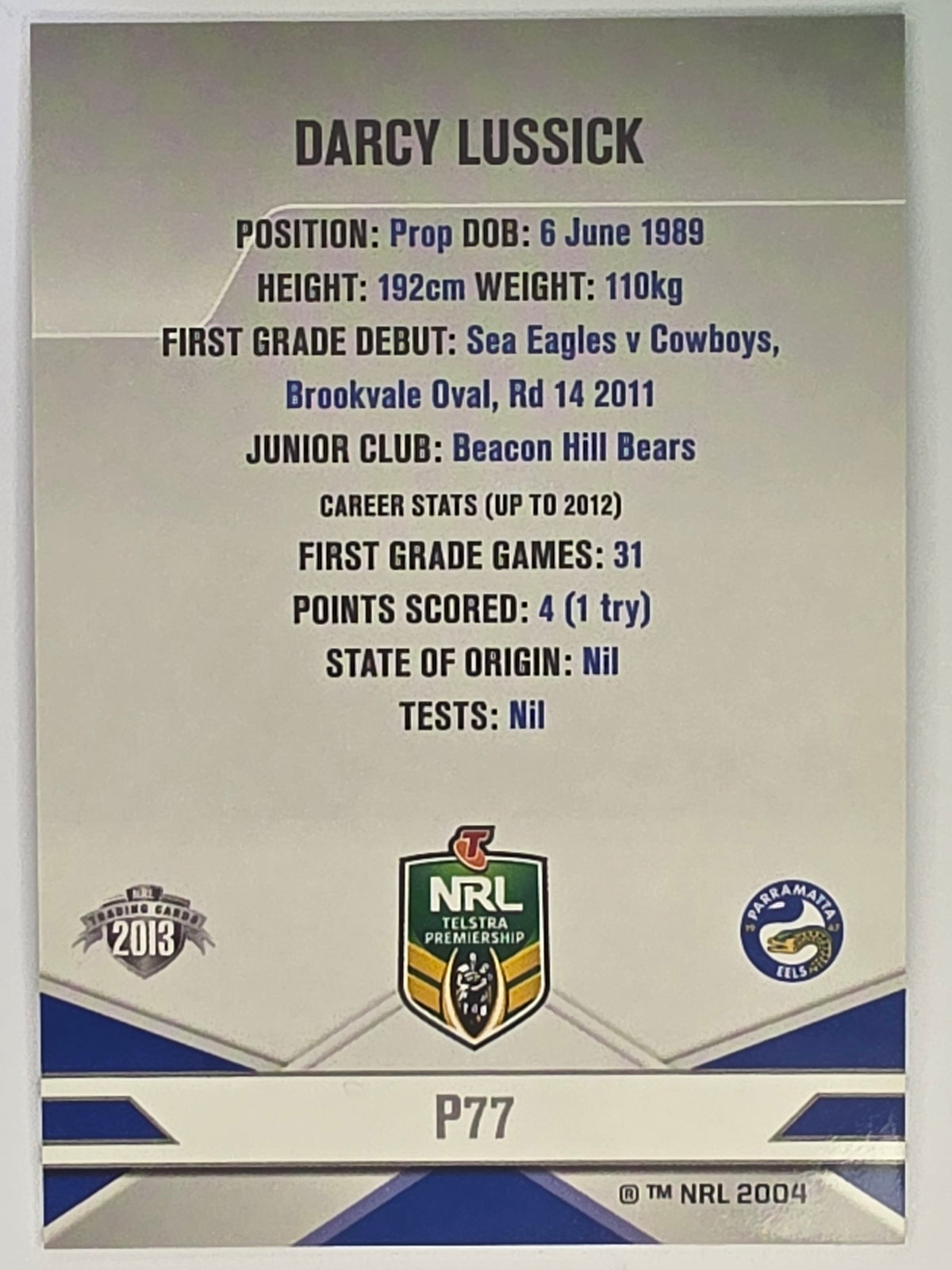 NRL 2013 Elite | Silver Parallel #P77 | Darcy Lussick | Parramatta Eels