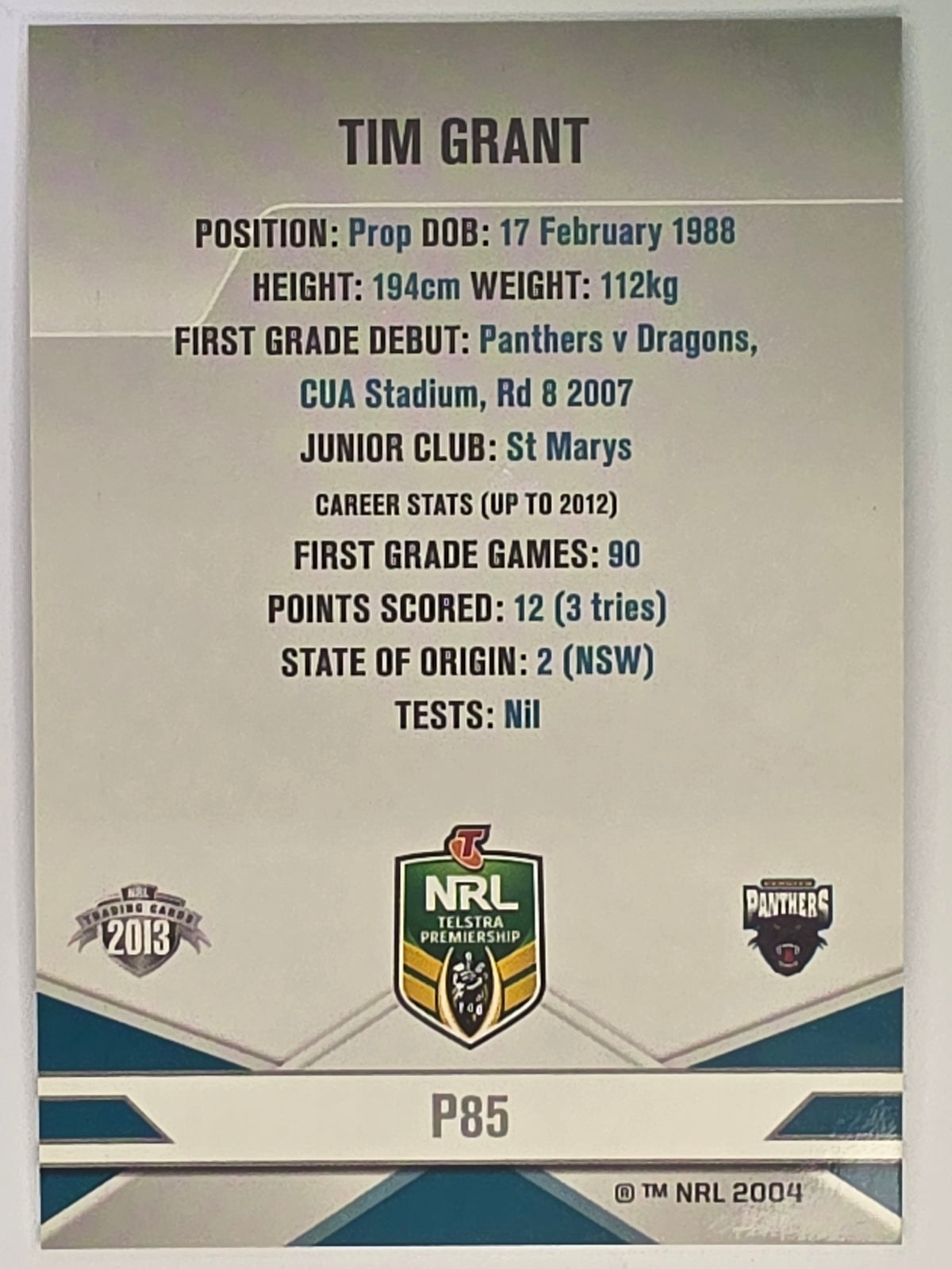 NRL 2013 Elite | Silver Parallel #P85 | Tim Grant | Penrith Panthers