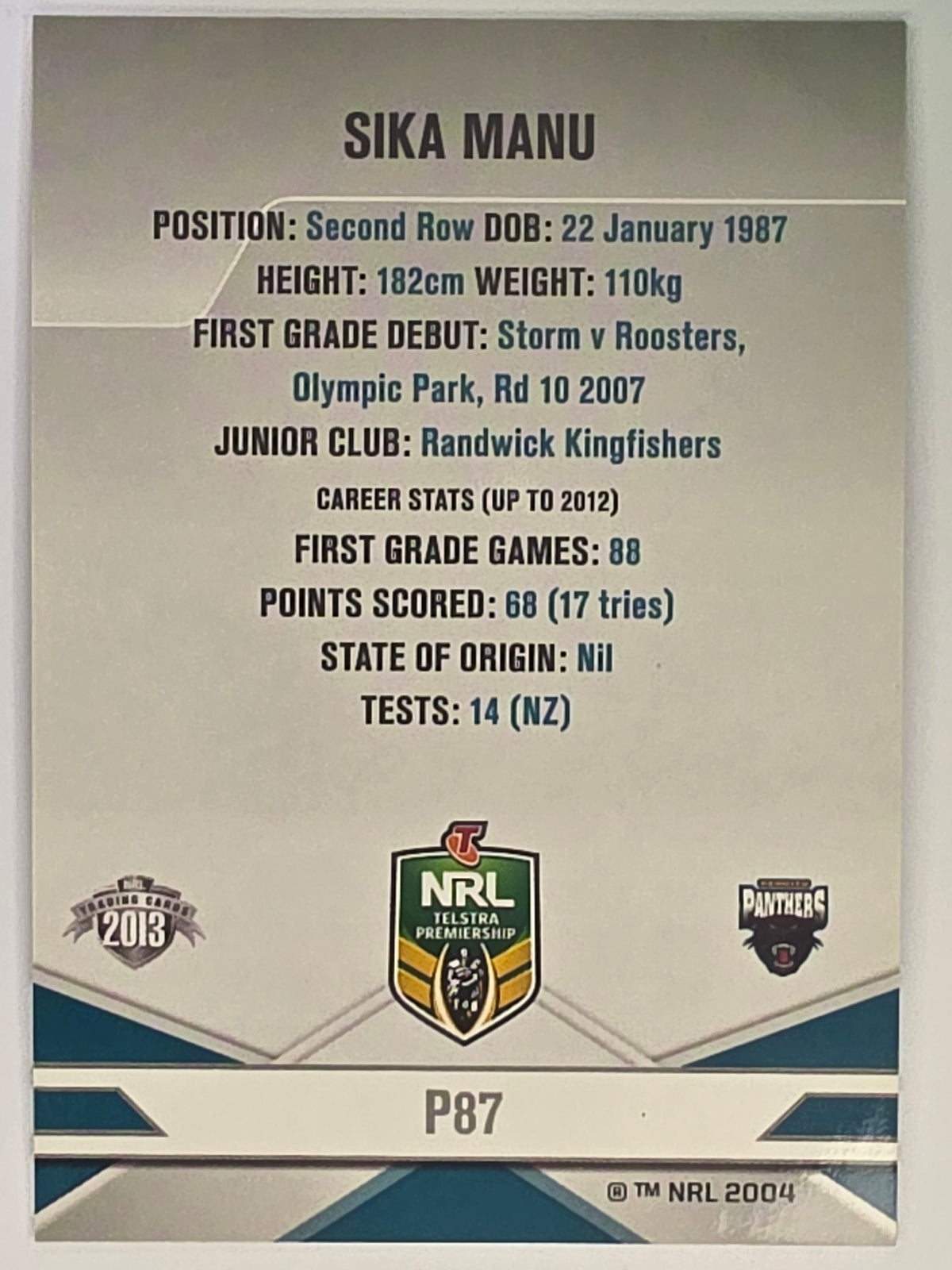 NRL 2013 Elite | Silver Parallel #P87 | Sika Manu | Penrith Panthers