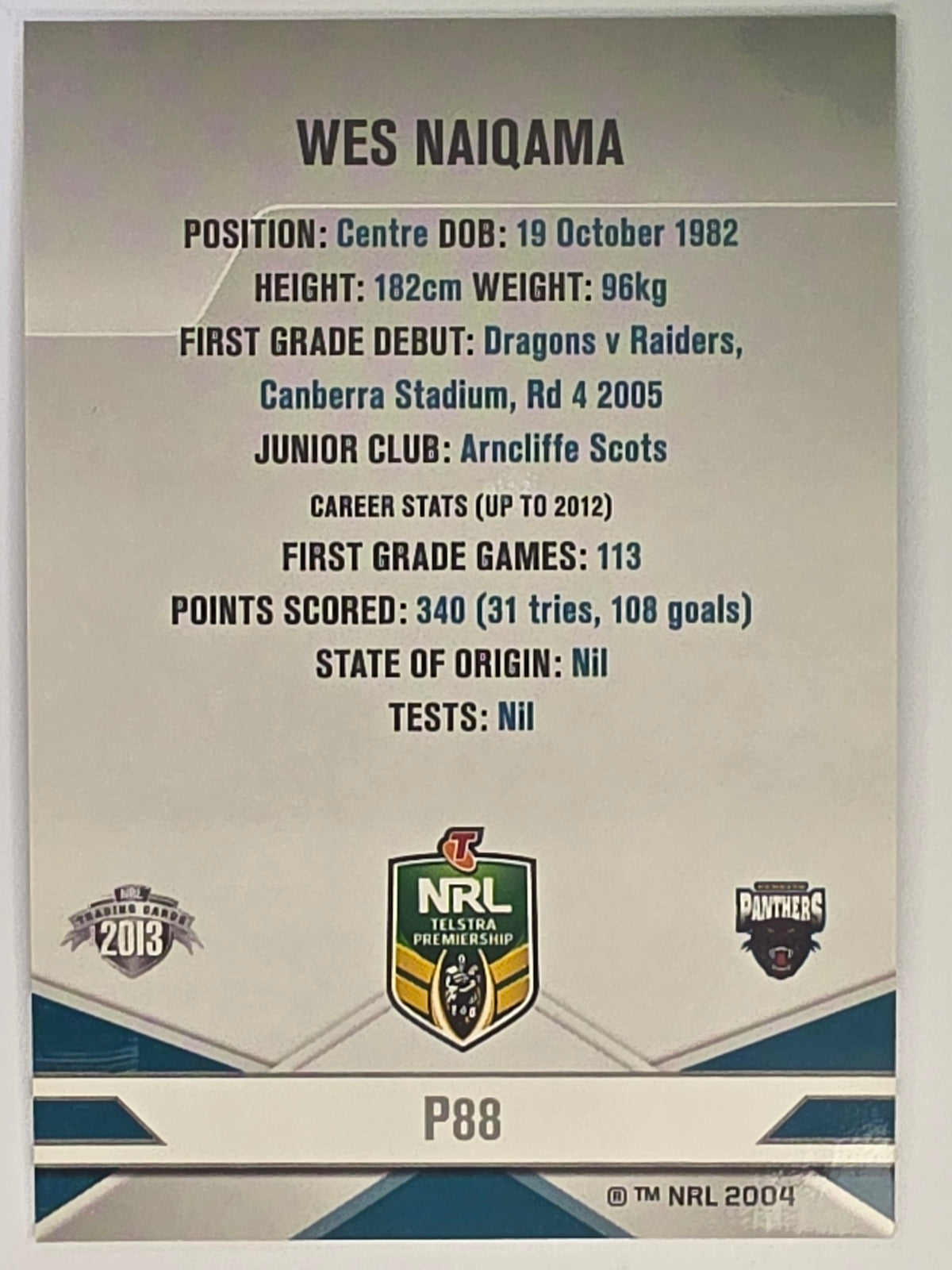 NRL 2013 Elite | Silver Parallel #P88 | Wes Naiqama | Penrith Panthers
