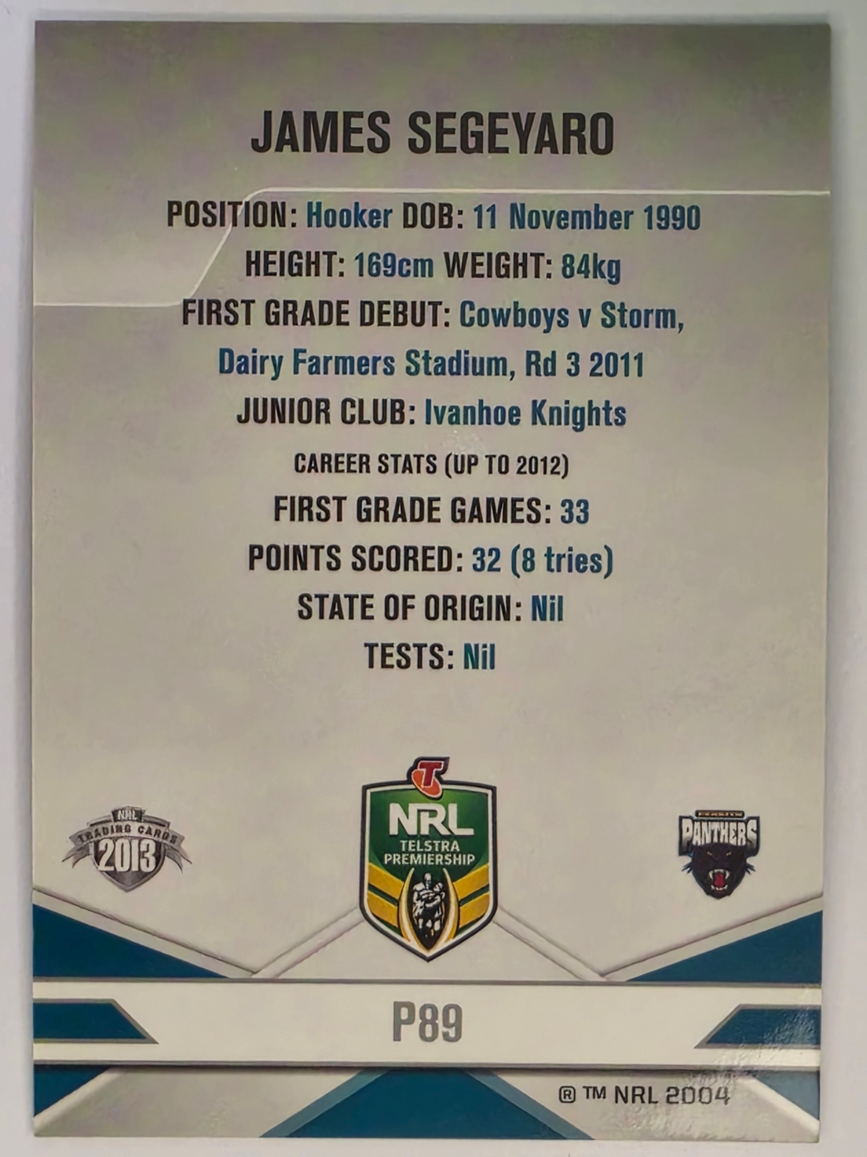NRL 2013 Elite | Silver Parallel #P89 | James Segeyaro | Penrith Panthers