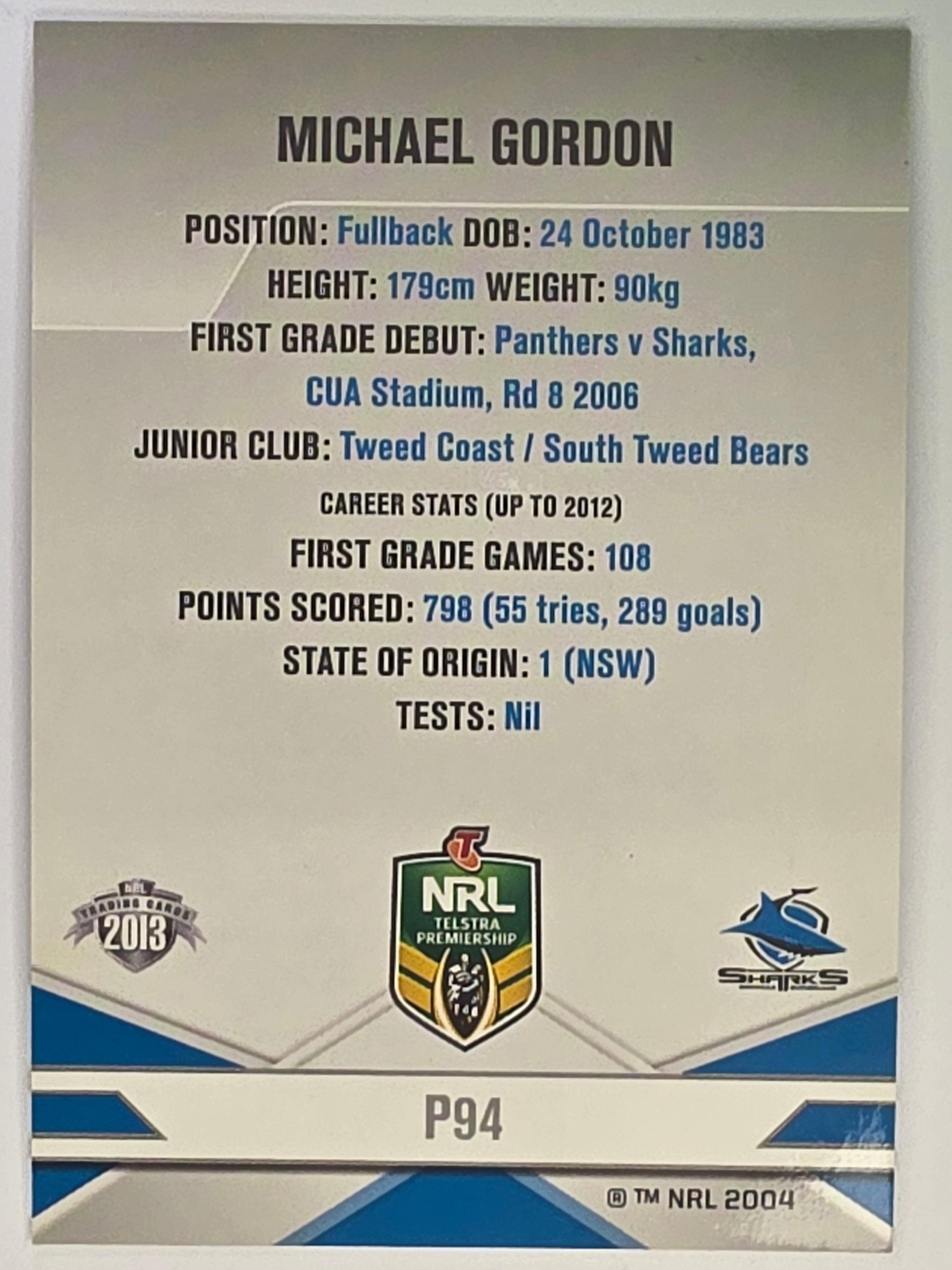 NRL 2013 Elite | Silver Parallel #P94 | Michael Gordon | Cronulla Sutherland Sharks