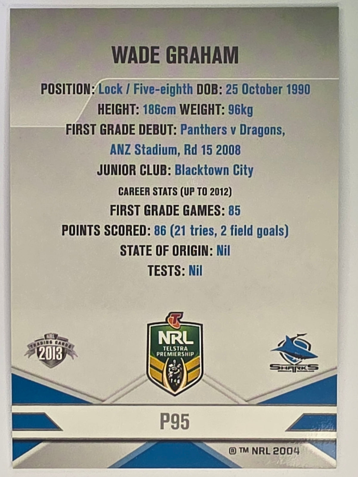 NRL 2013 Elite | Silver Parallel #P95 | Wade Graham | Cronulla Sutherland Sharks