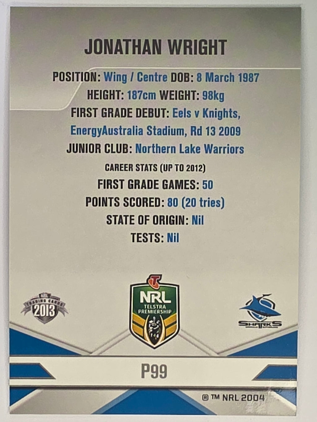 NRL 2013 Elite | Silver Parallel #P99 | Jonathan Wright | Cronulla Sutherland Sharks
