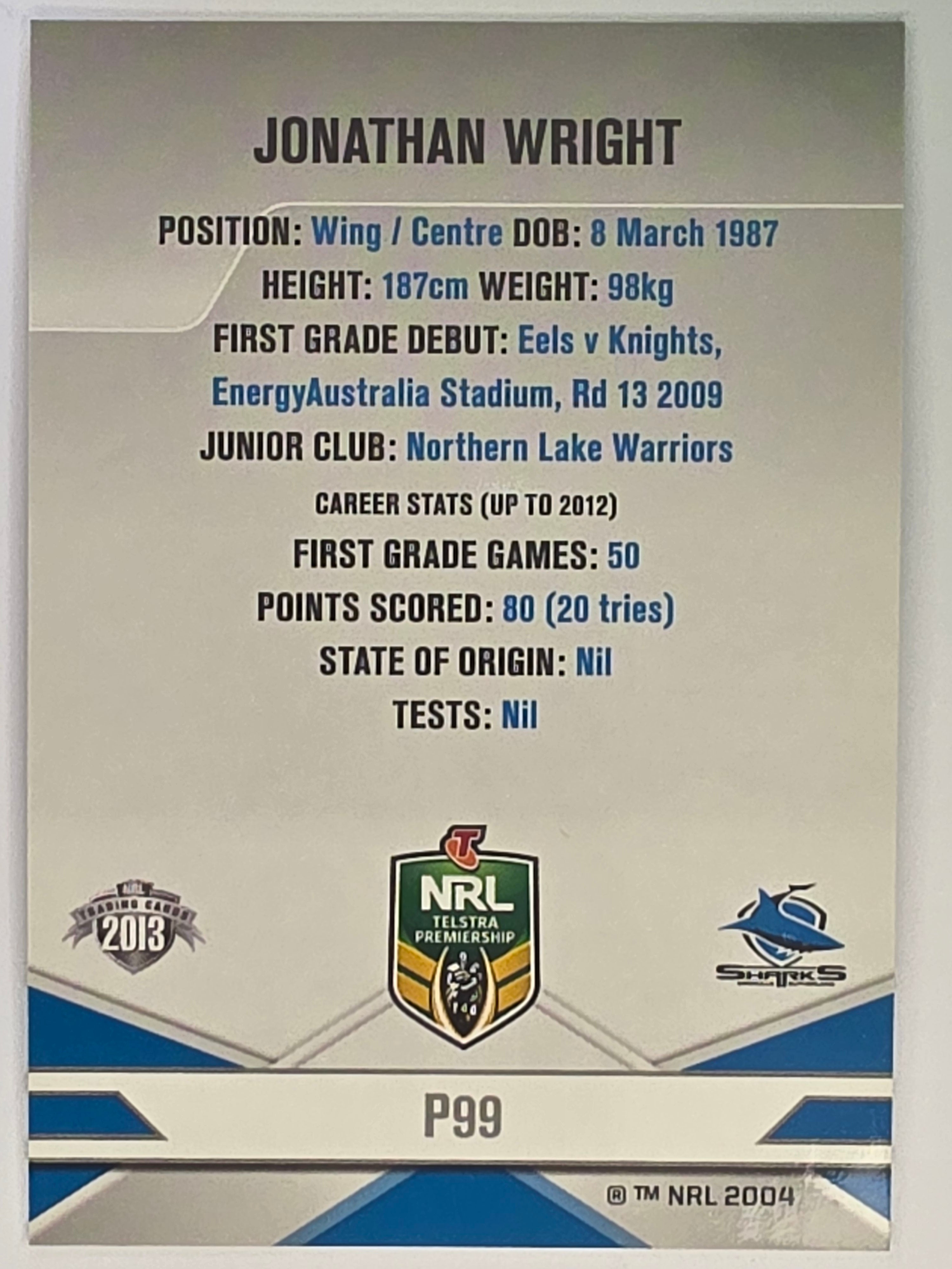 NRL 2013 Elite | Silver Parallel #P99 | Jonathan Wright | Cronulla Sutherland Sharks