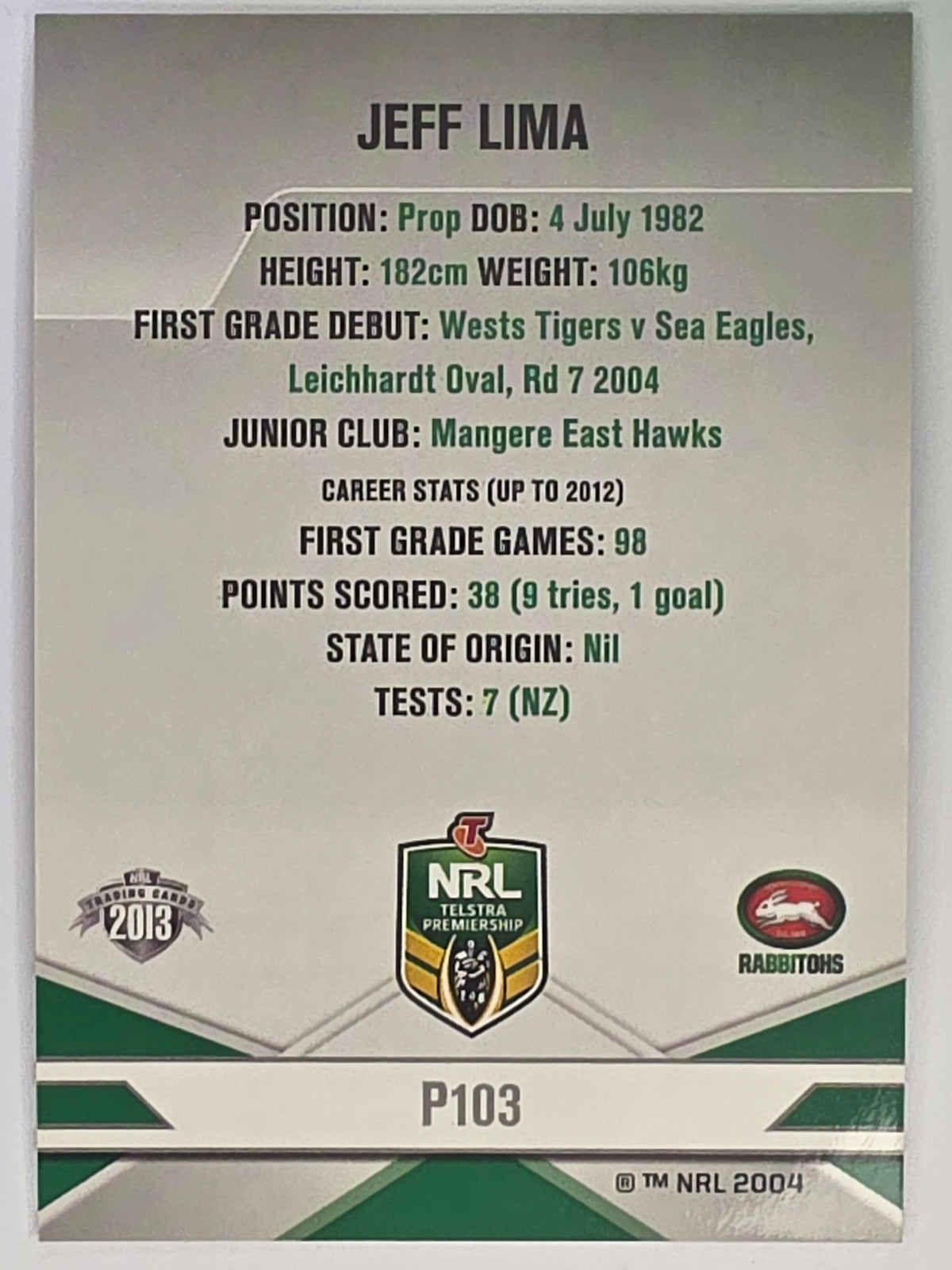 NRL 2013 Elite | Silver Parallel #P103 | Jeff Lima | South Sydney Rabbitohs