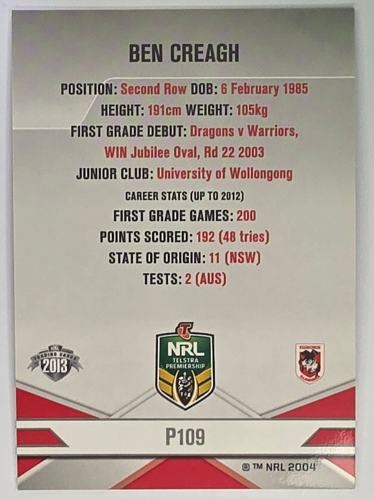 NRL 2013 Elite | Silver Parallel #P109 | Ben Creagh | St George Illawarra Dragons