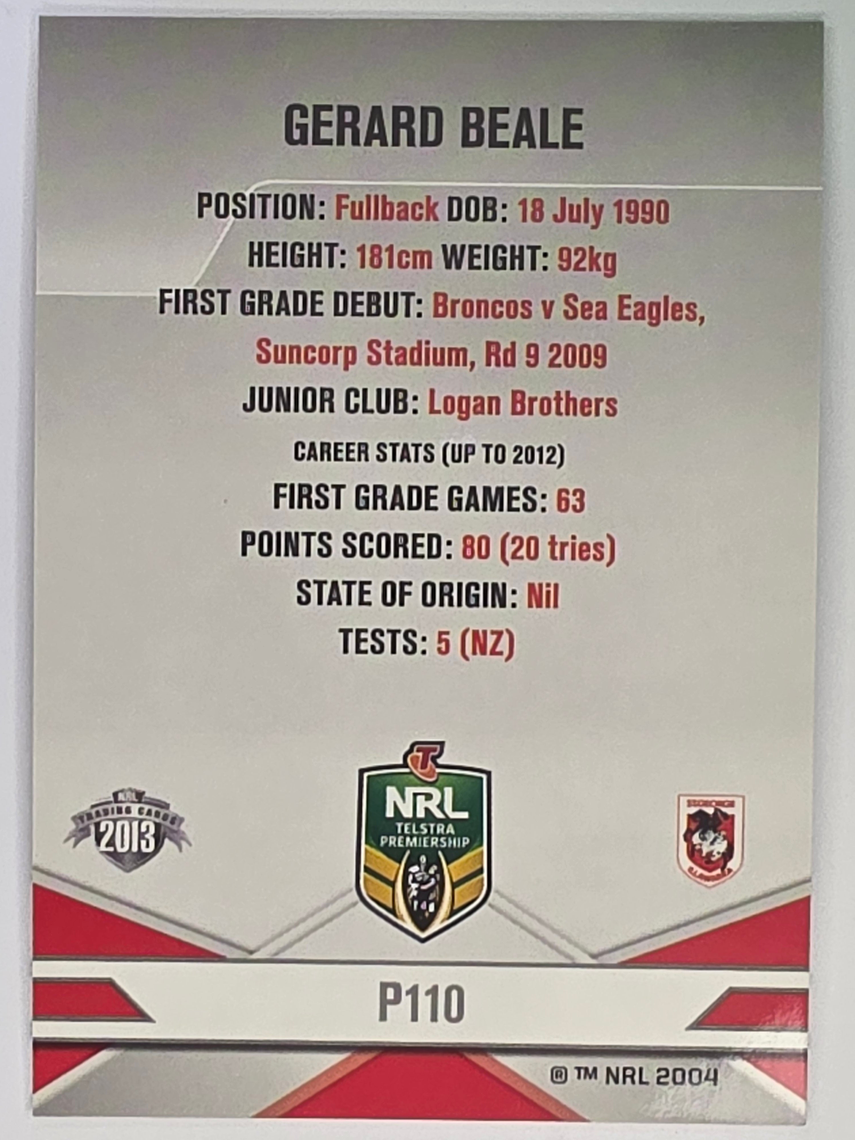 NRL 2013 Elite | Silver Parallel #P110 | Gerard Beale | St George Illawarra Dragons