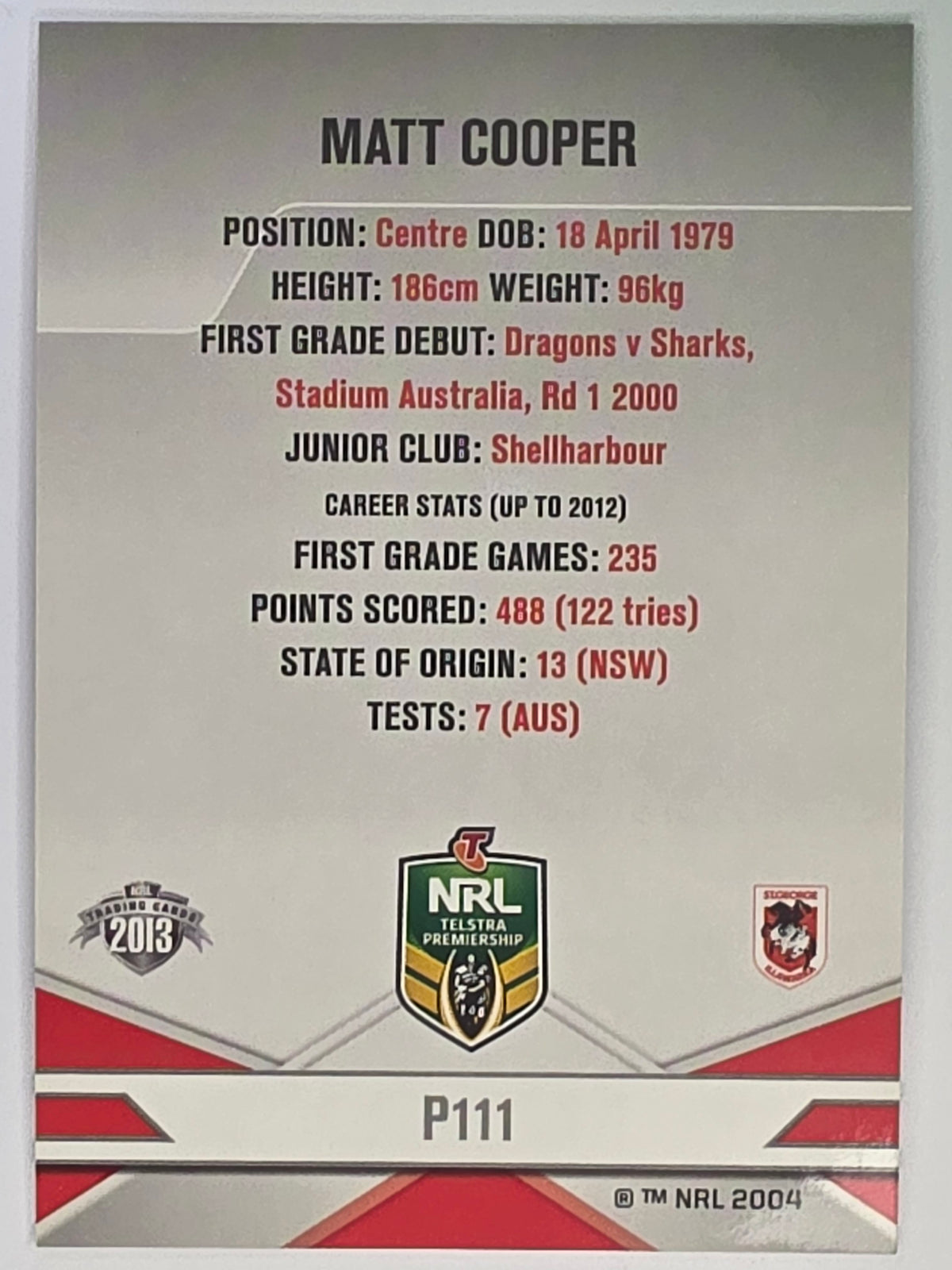 NRL 2013 Elite | Silver Parallel #P111 | Matt Cooper | St George Illawarra Dragons