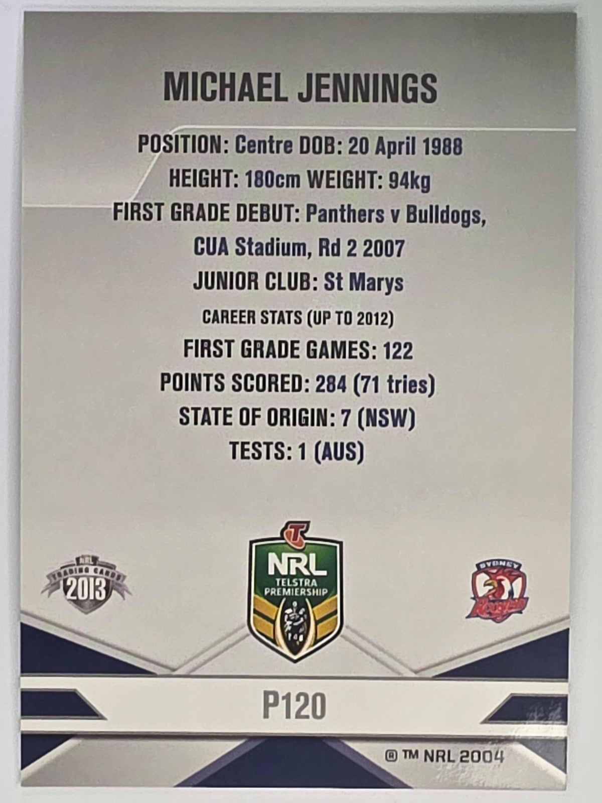 NRL 2013 Elite | Silver Parallel #P120 | Michael Jennings | Sydney Roosters