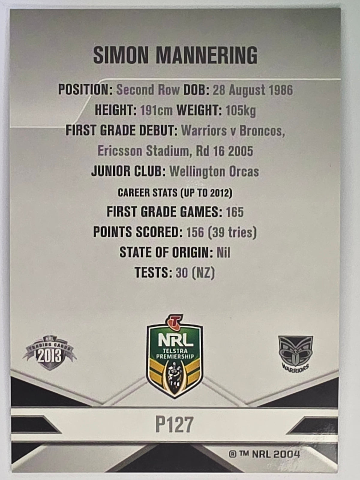 NRL 2013 Elite | Silver Parallel #P127 | Simon Mannering | New Zealand Warriors