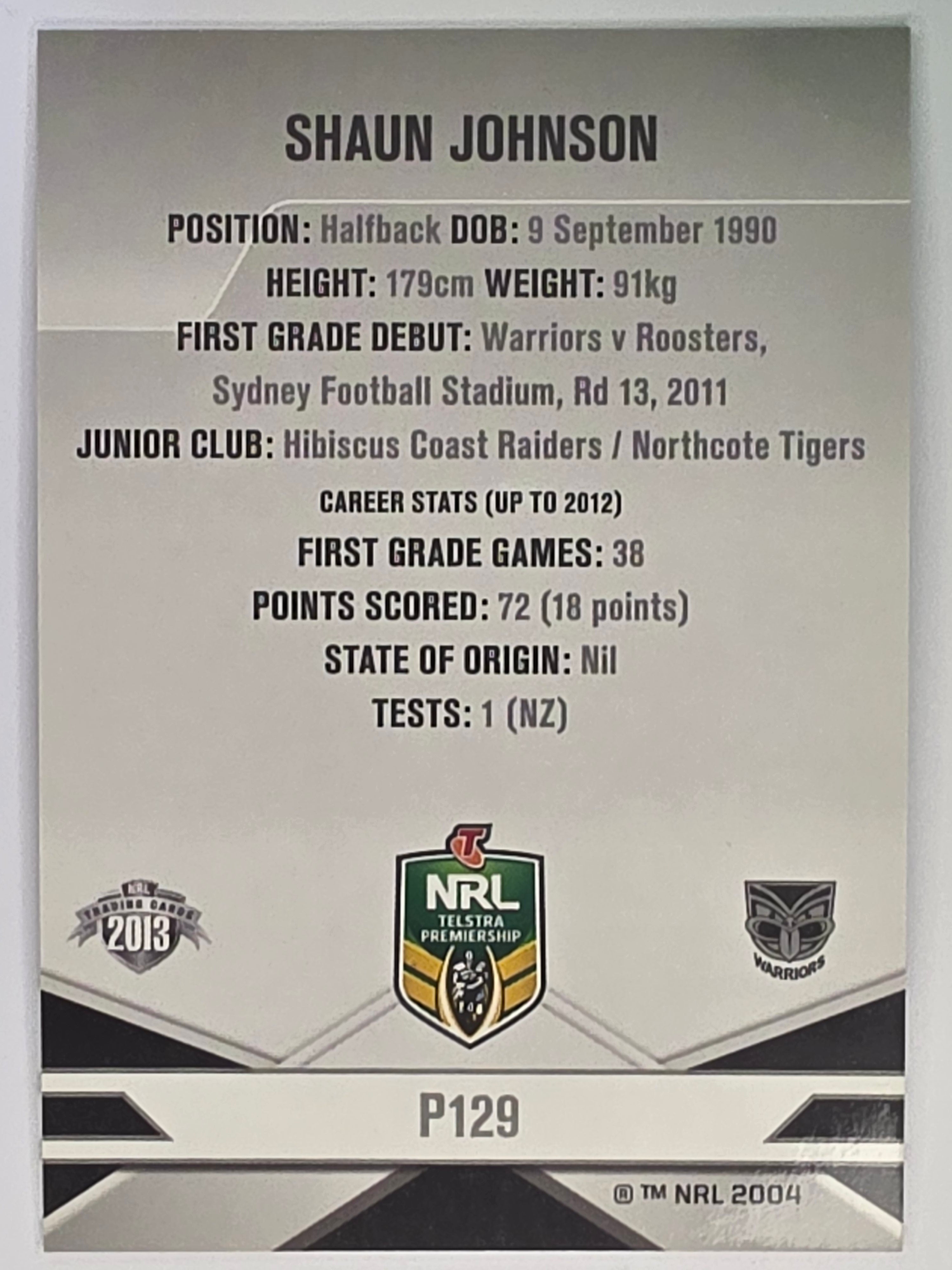 NRL 2013 Elite | Silver Parallel #P129 | Shaun Johnson | New Zealand Warriors