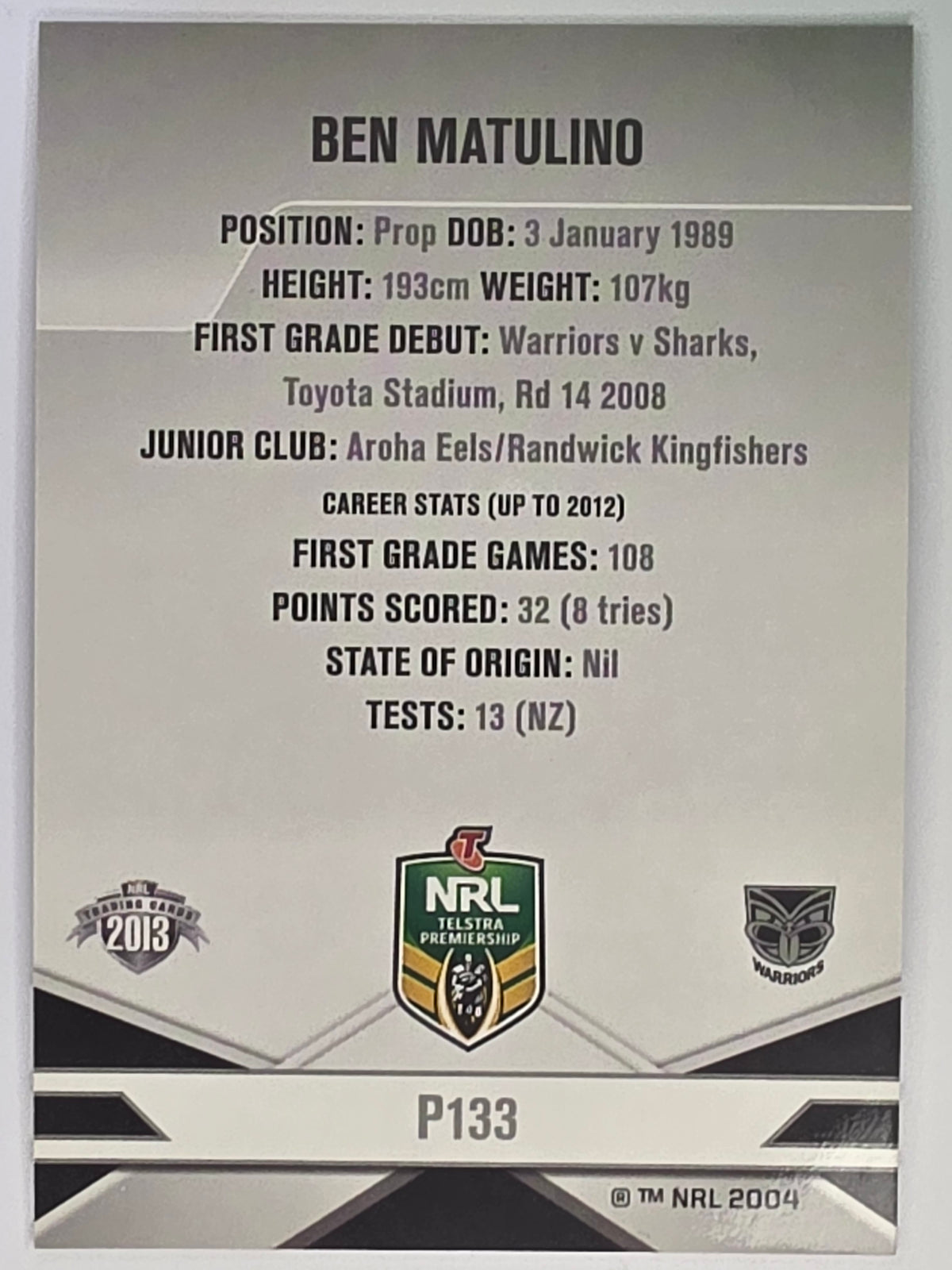 NRL 2013 Elite | Silver Parallel #P133 | Ben Matulino | New Zealand Warriors