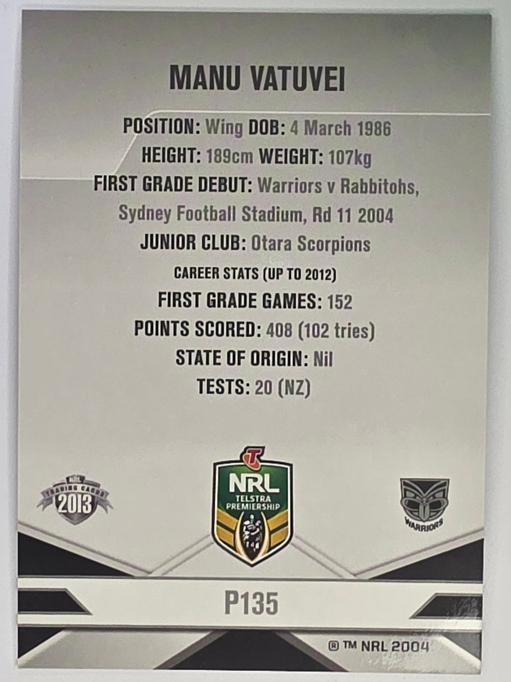 NRL 2013 Elite | Silver Parallel #P135 | Manu Vatuvei | New Zealand Warriors