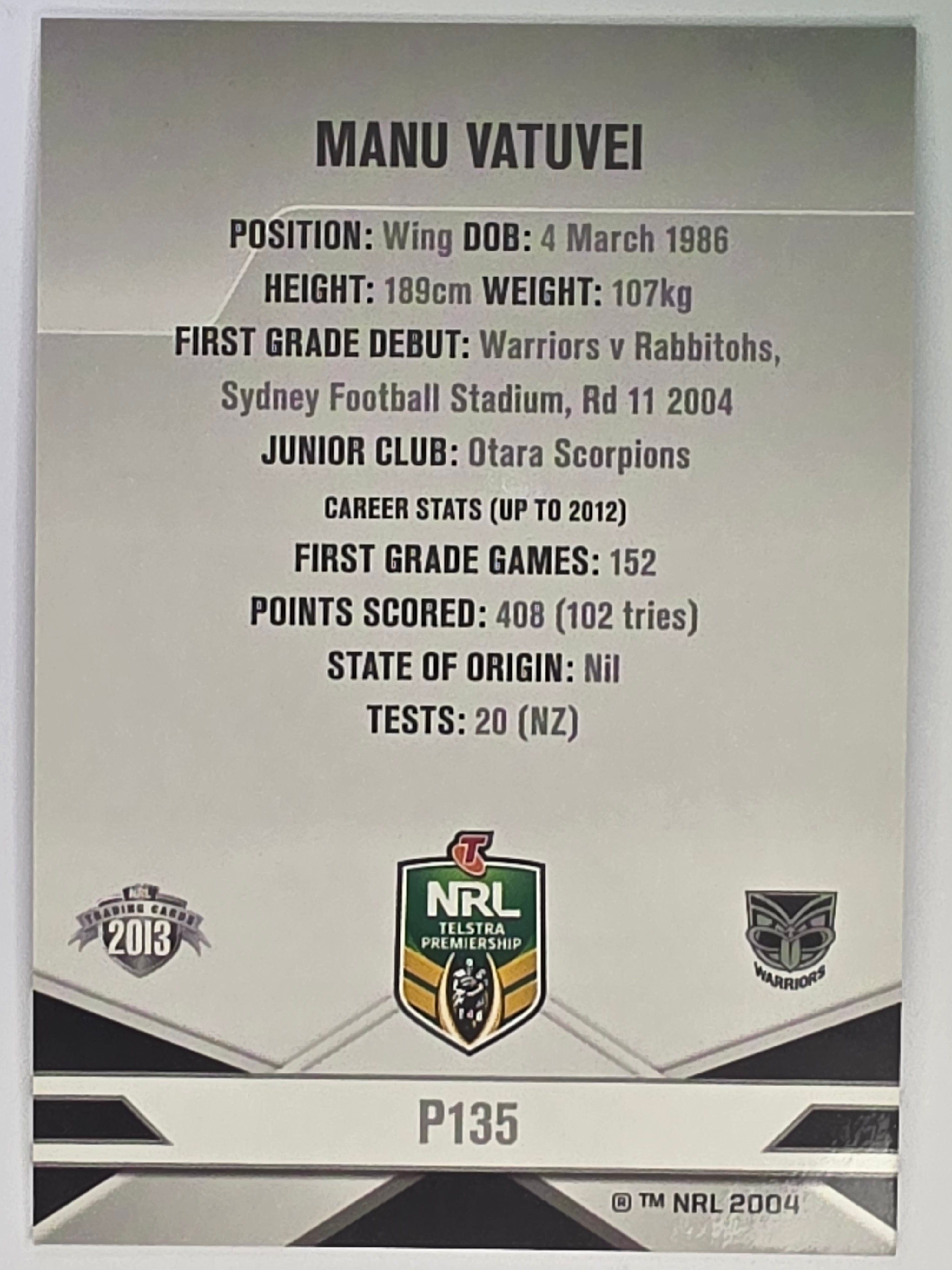 NRL 2013 Elite | Silver Parallel #P135 | Manu Vatuvei | New Zealand Warriors