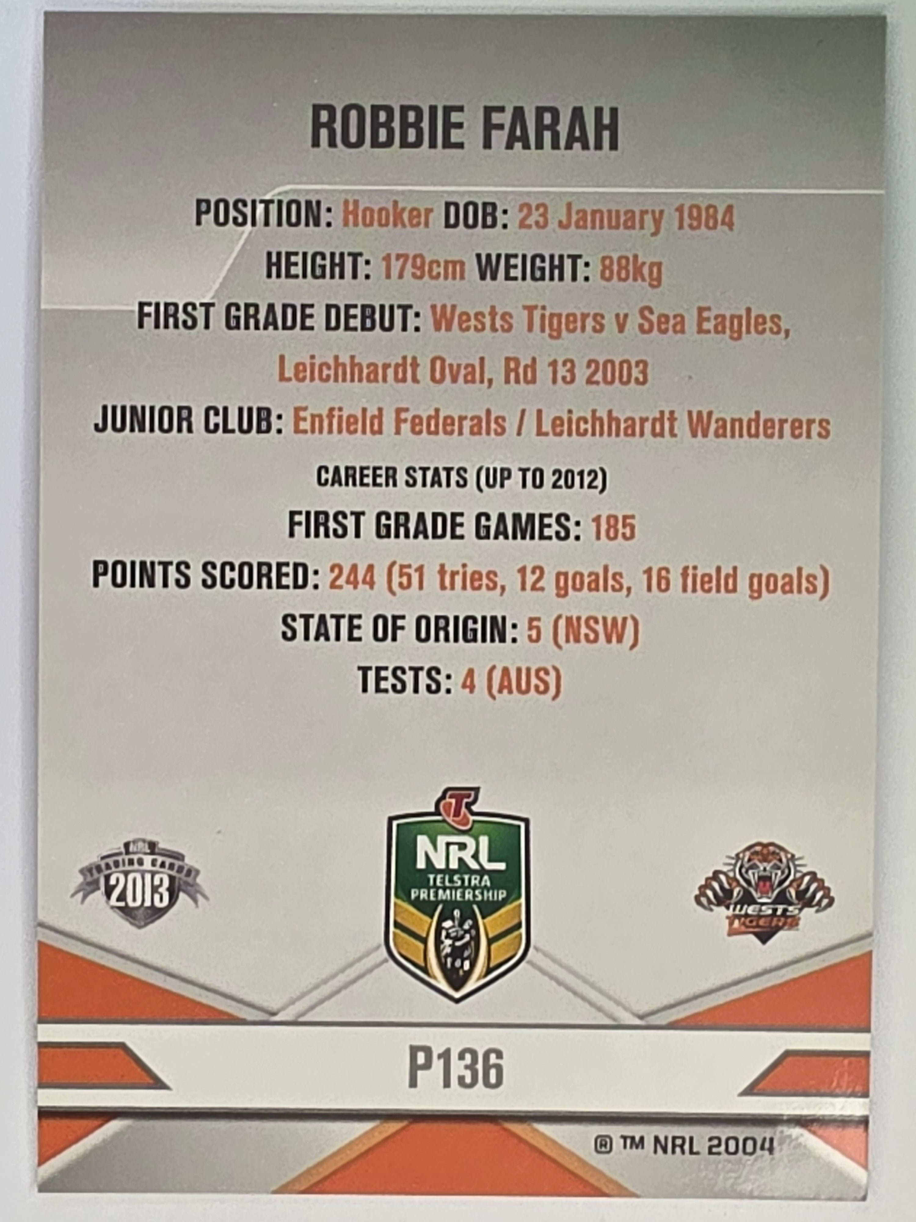 NRL 2013 Elite | Silver Parallel #P136 | Robbie Farah | Wests Tigers