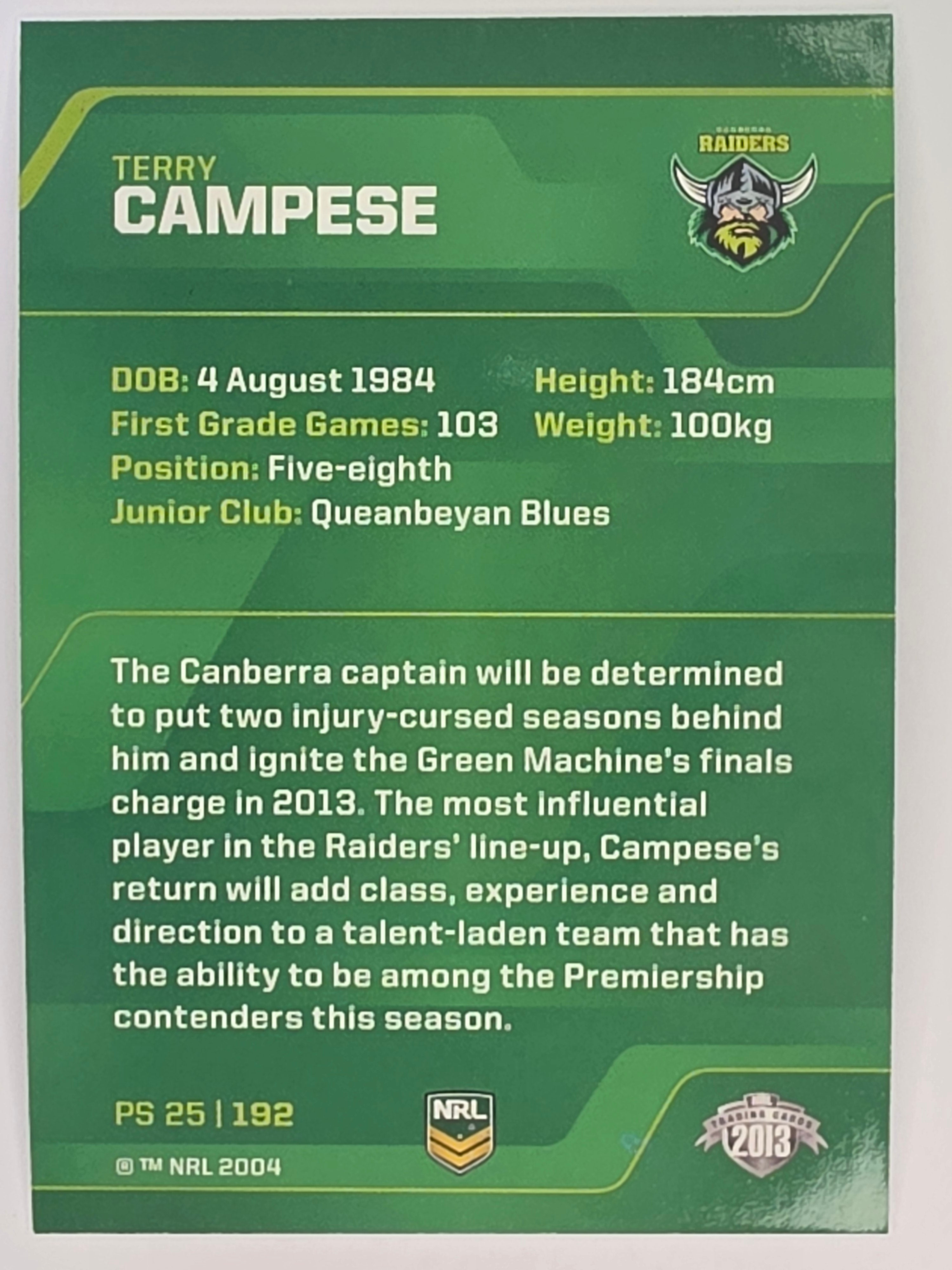 NRL 2013 Traders | Parallel #PS025 Terry Campese Canberra Raiders