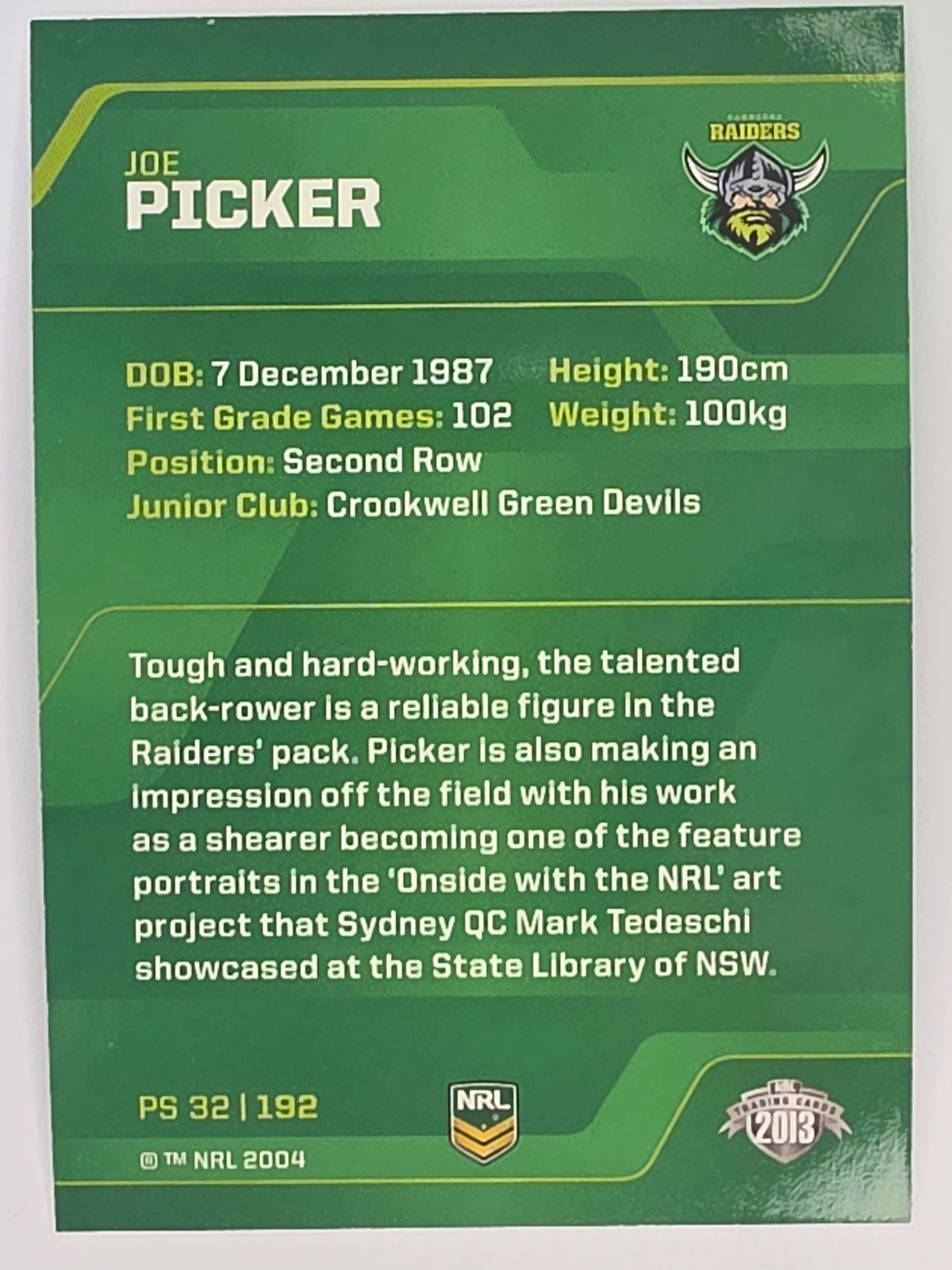 NRL 2013 Traders | Parallel #PS032 Joe Picker Canberra Raiders