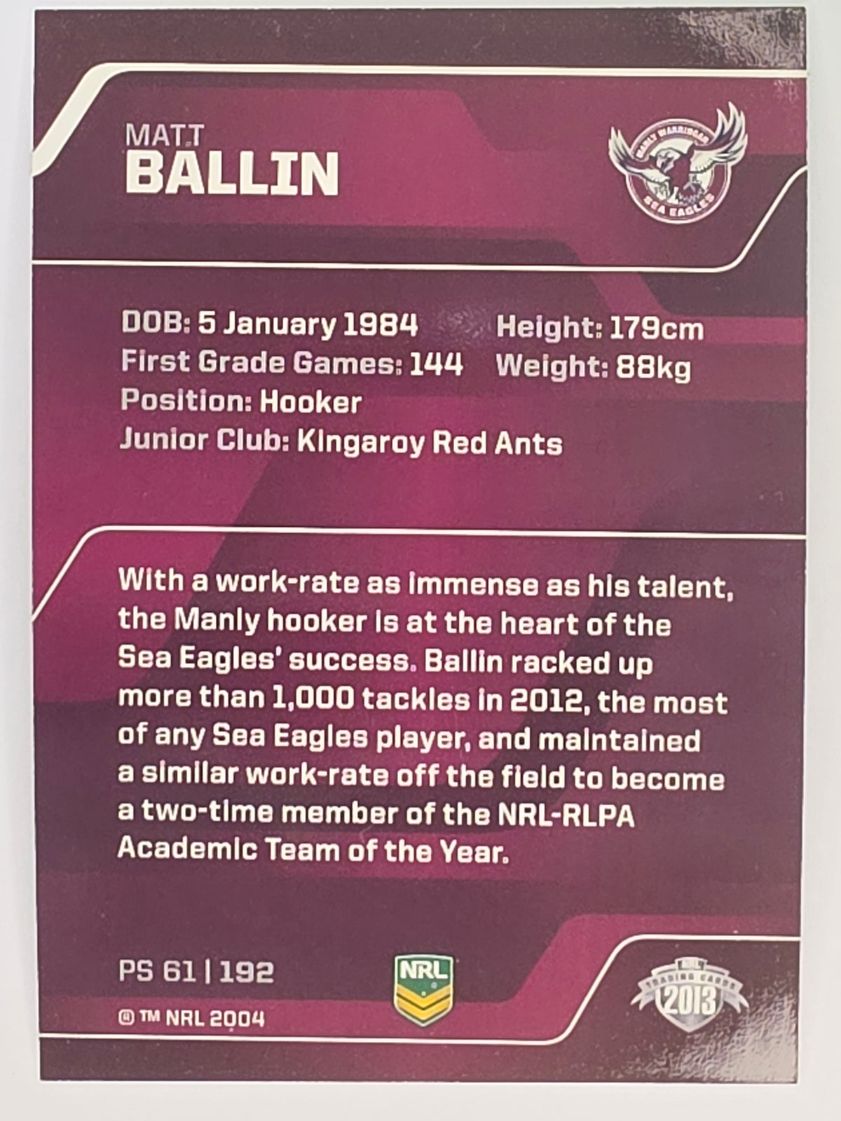 NRL 2013 Traders | Parallel #PS061 Matt Ballin Manly Warringah Sea Eagles