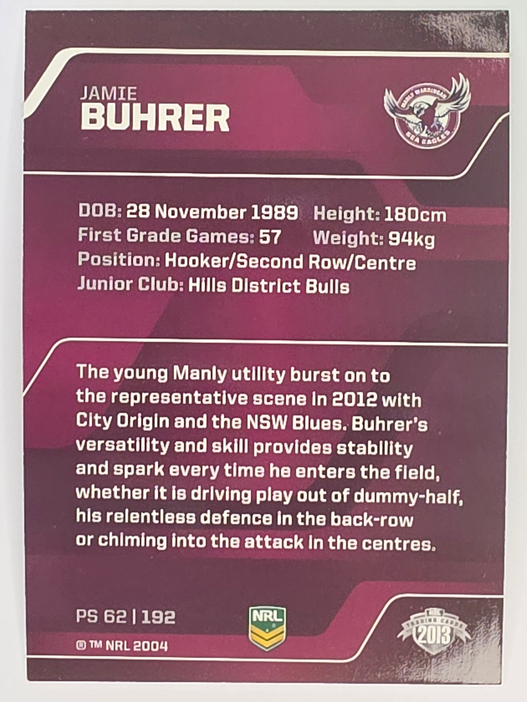 NRL 2013 Traders | Parallel #PS062 Jamie Buhrer Manly Warringah Sea Eagles