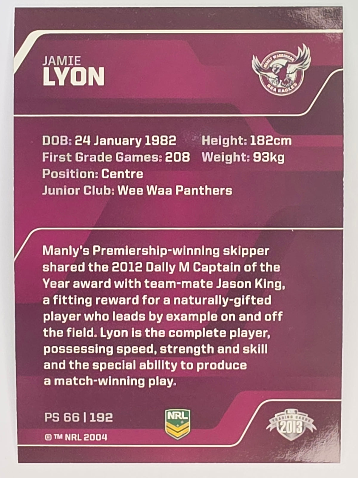 NRL 2013 Traders | Parallel #PS066 Jamie Lyon Manly Warringah Sea Eagles