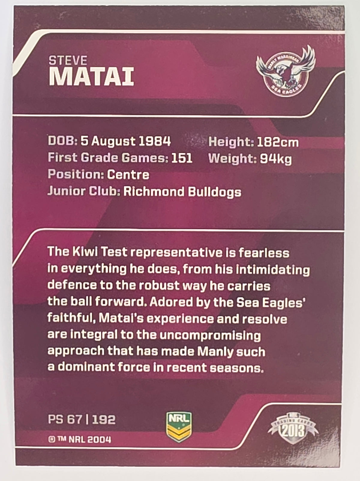 NRL 2013 Traders | Parallel #PS067 Steve Matai Manly Warringah Sea Eagles