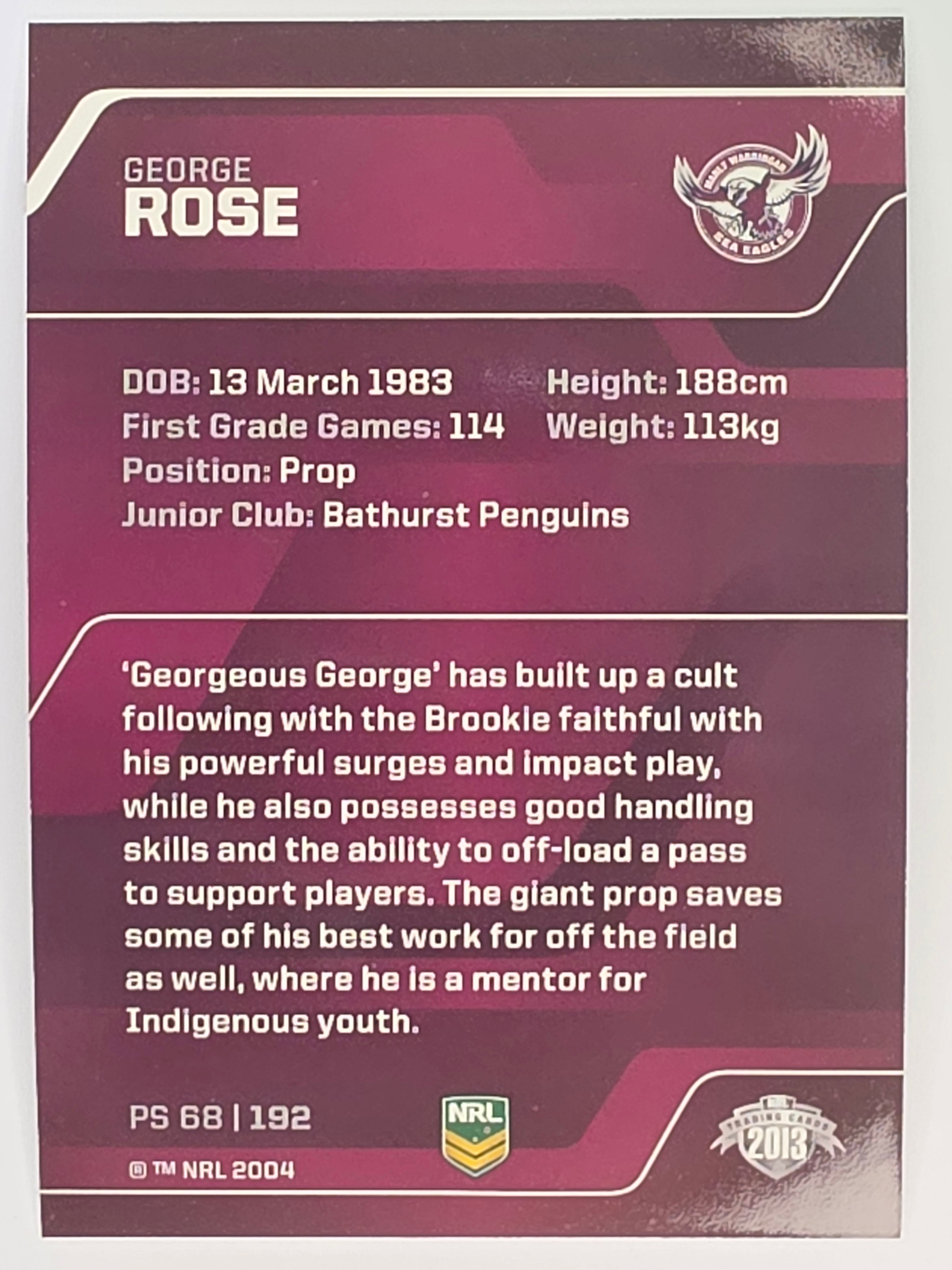 NRL 2013 Traders | Parallel #PS068 George Rose Manly Warringah Sea Eagles