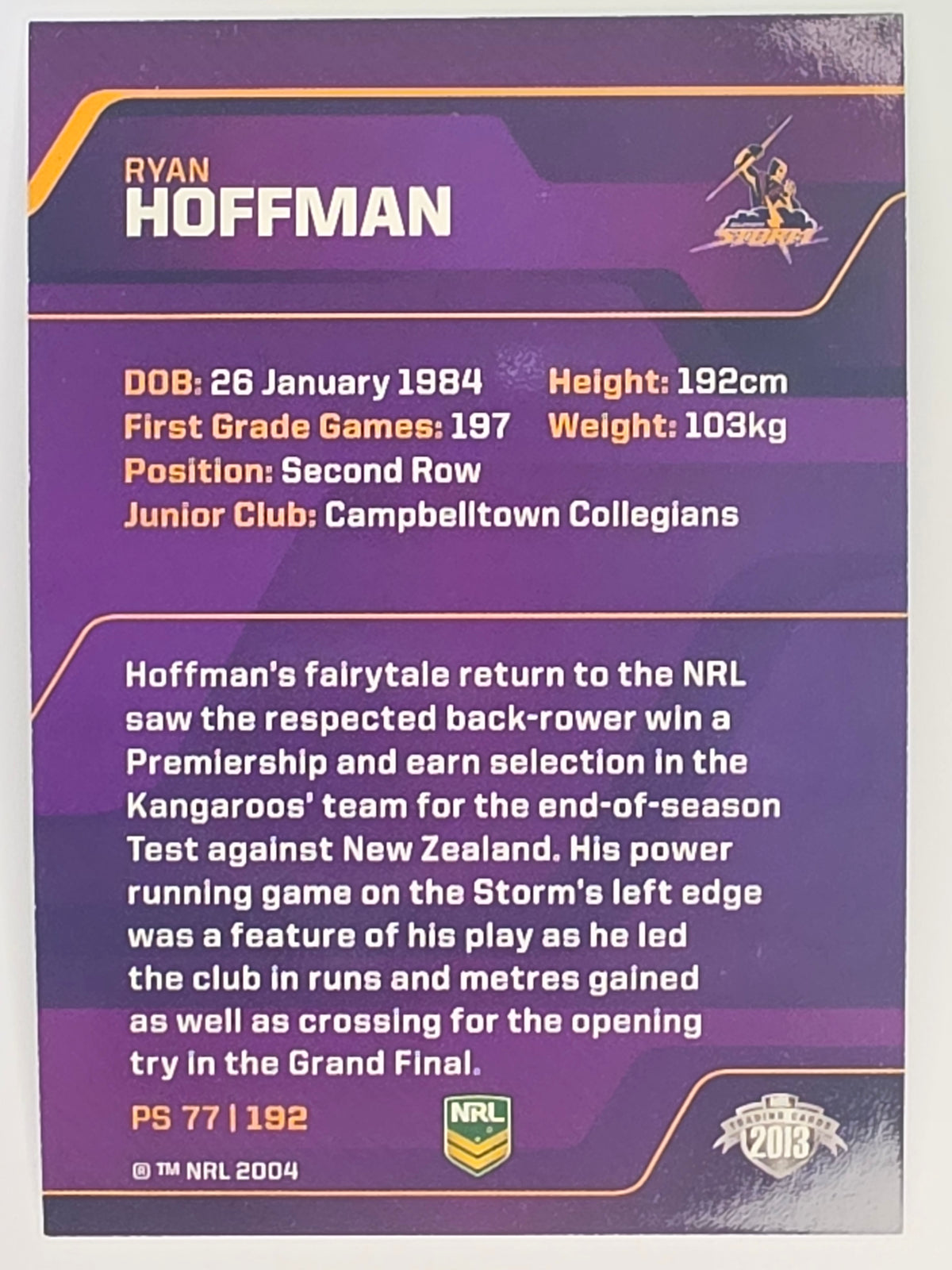 NRL 2013 Traders | Parallel #PS077 Ryan Hoffman Melbourne Storm