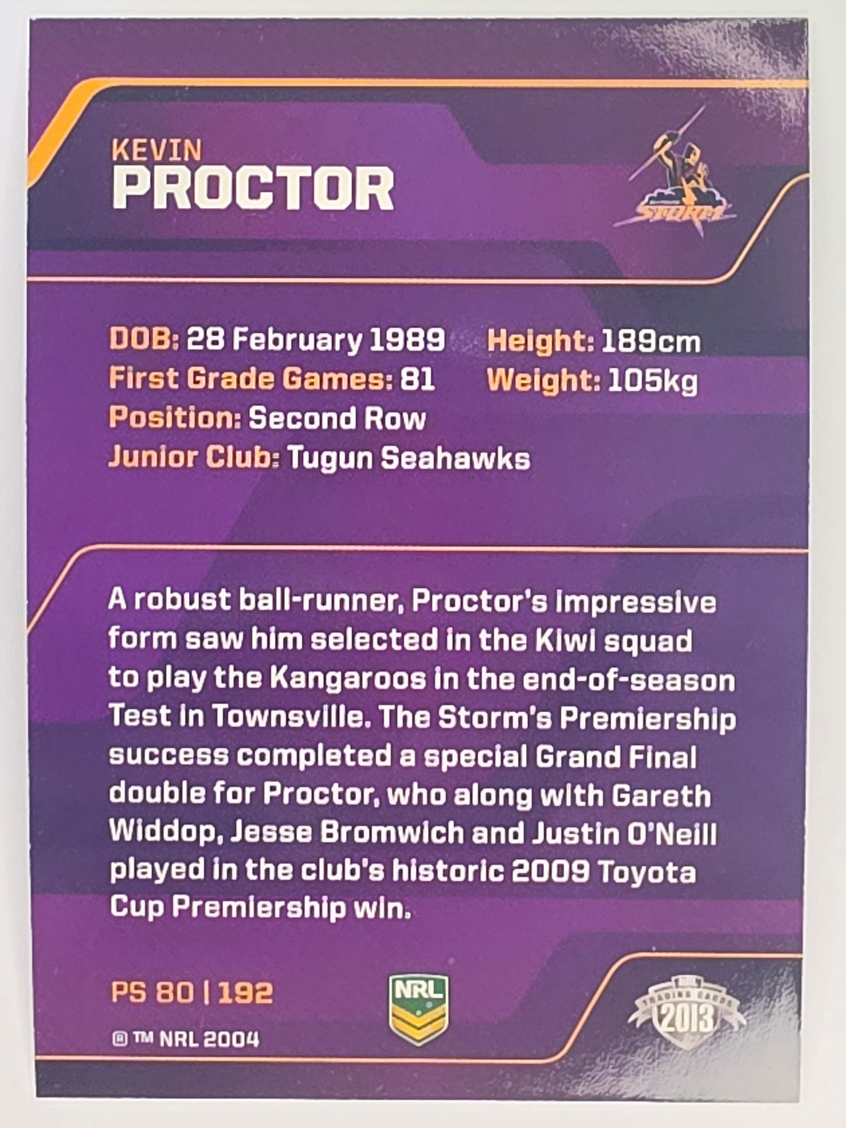 NRL 2013 Traders | Parallel #PS080 Kevin Proctor Melbourne Storm